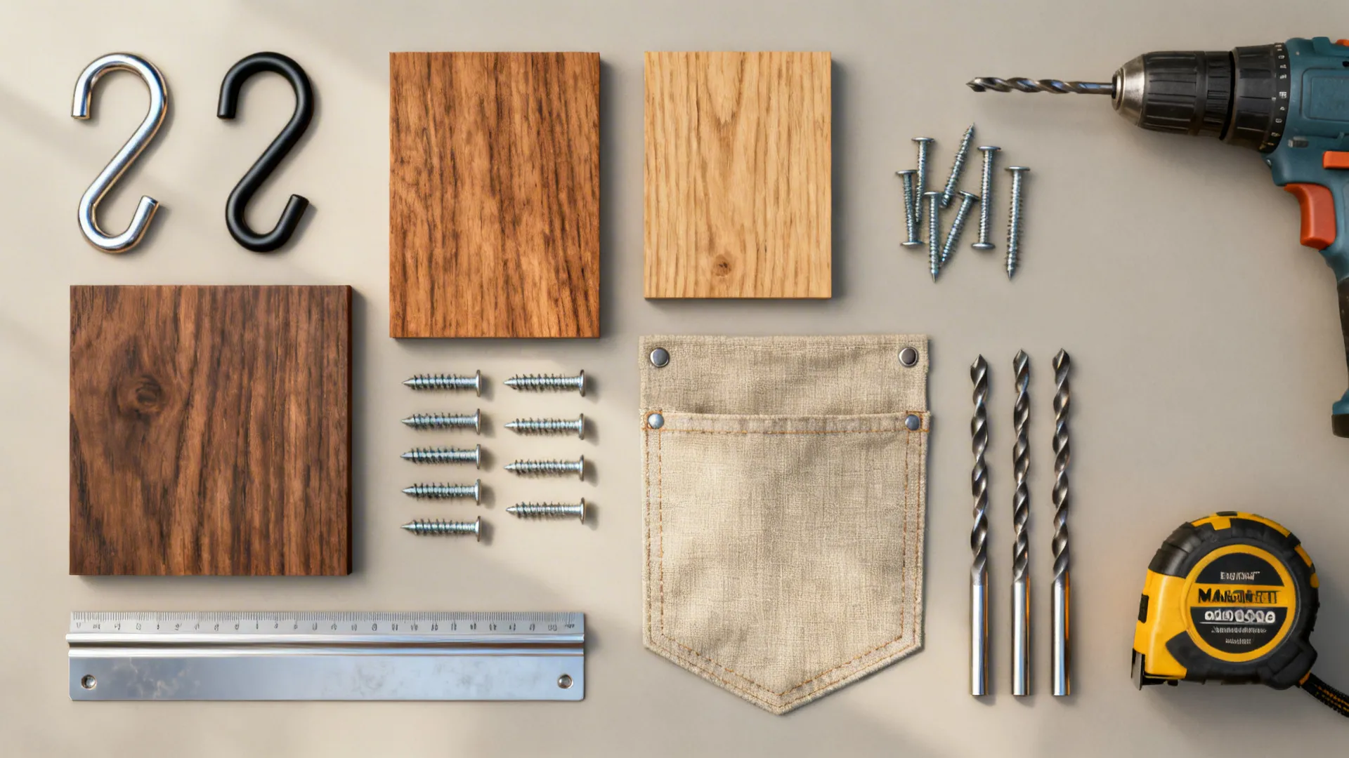 Flatlay of powder-coated metal hooks, wood swatches, magnetic strip, canvas pocket sample, and hardware for outdoor storage.