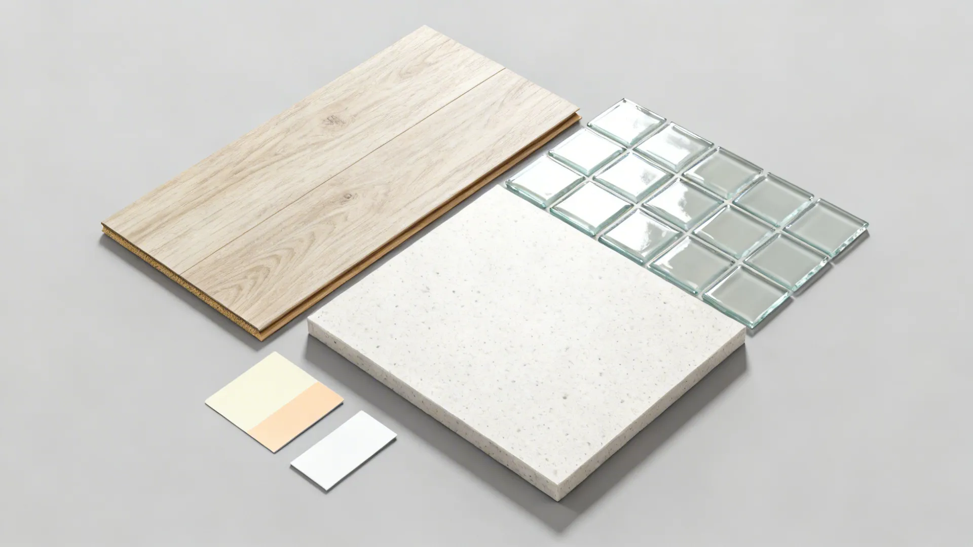 Flatlay of pale wood vinyl, glossy glass tile, and laminate countertop samples for a small kitchen.