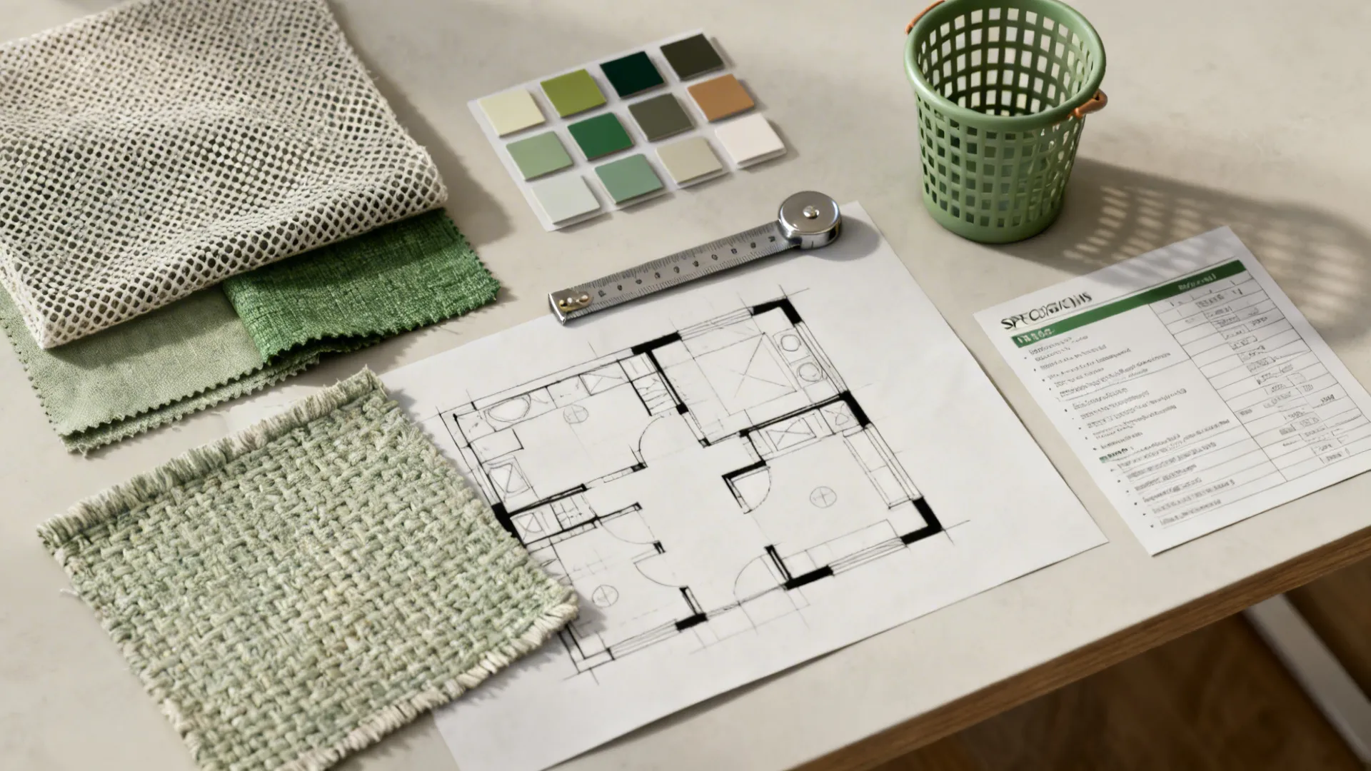 Top-down flatlay of fabric swatches, measuring tape and a small sketch for laundry hamper planning.