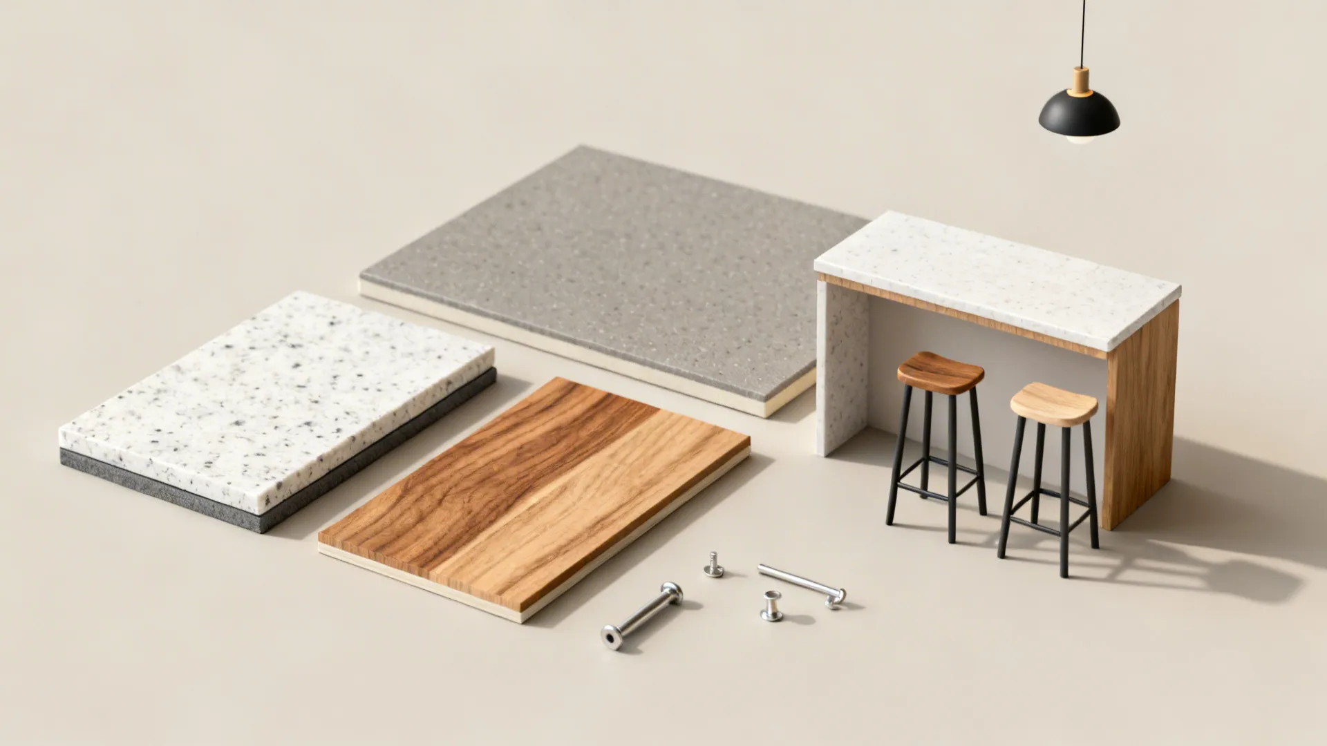 Flatlay of material samples for small kitchen bars: quartz, laminate, wood swatches, stool sample and lighting sample.