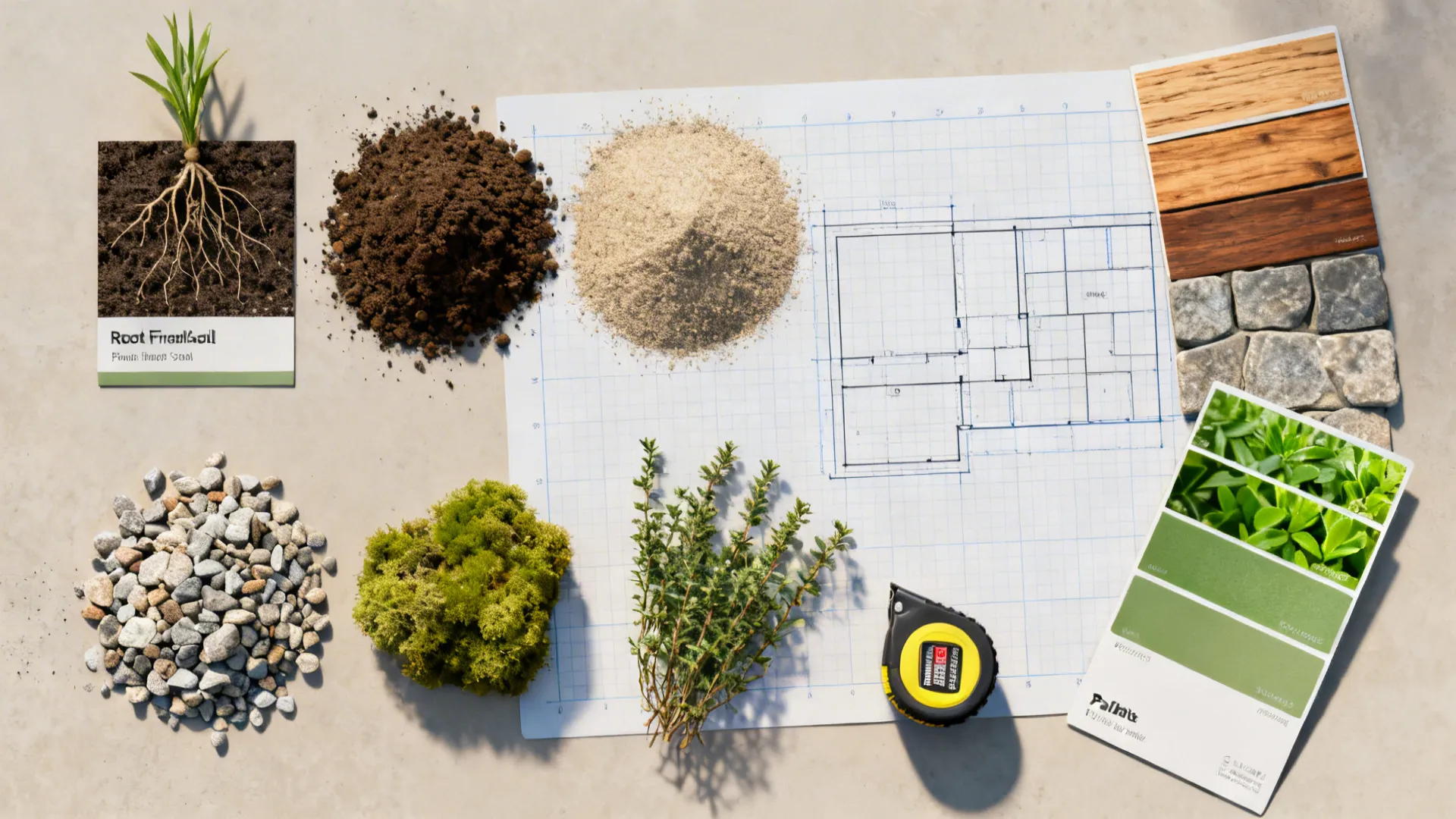 Flatlay of soil, polymeric sand, gravel, groundcover samples and layout tape.