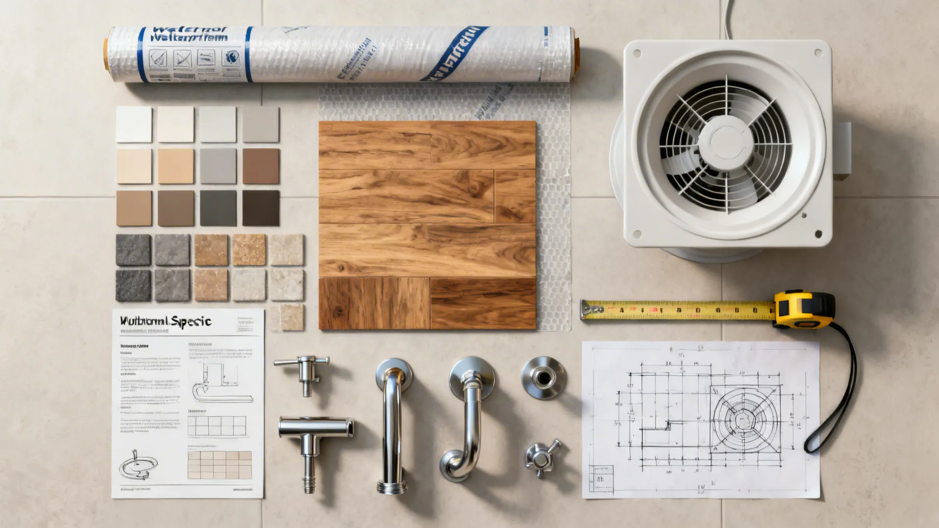 Flatlay of material samples, waterproofing supplies and planning tools for a small bathroom remodel.