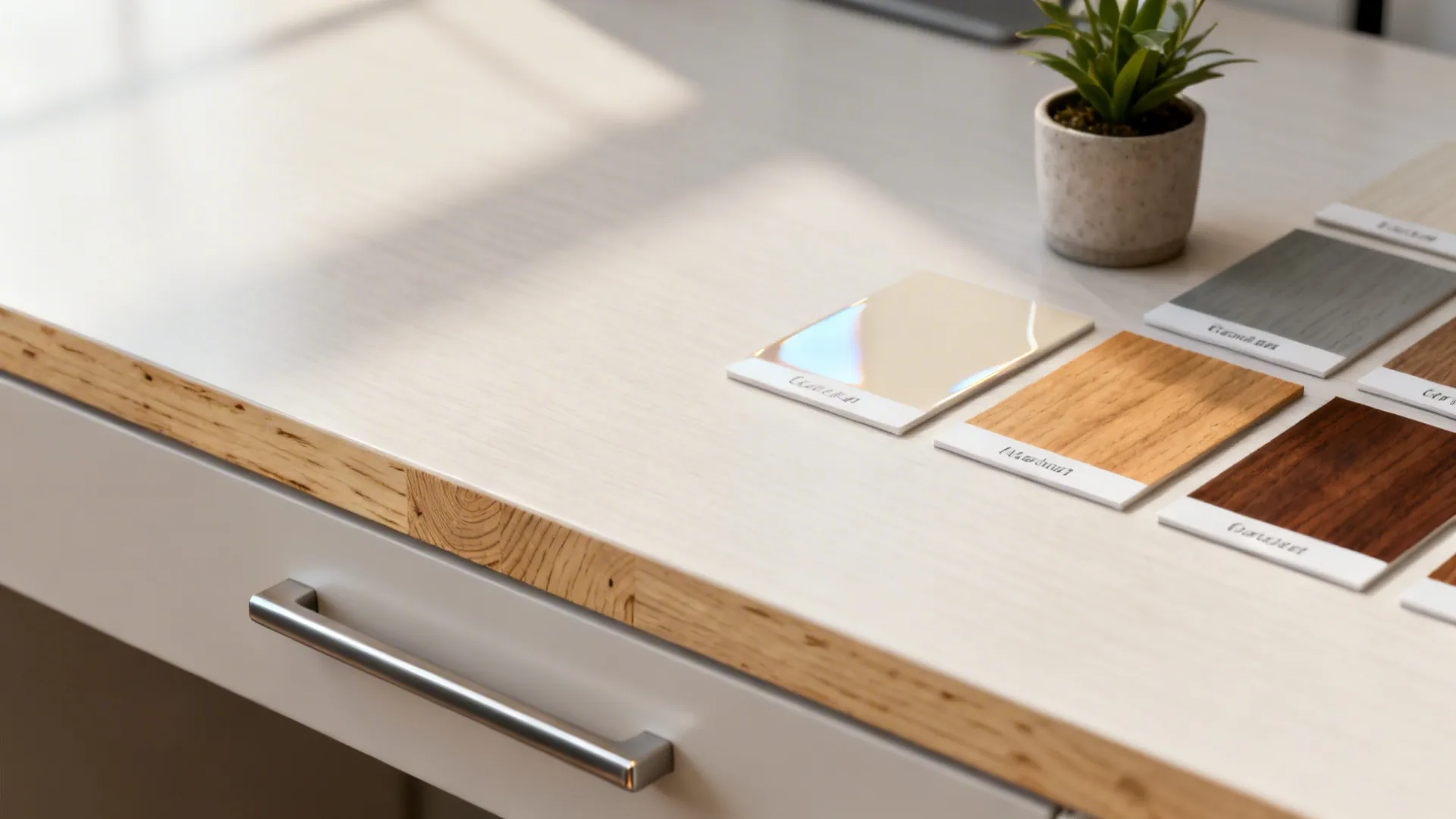 Material samples: light laminate, plywood edge, glossy surface and wood swatches for small office furniture