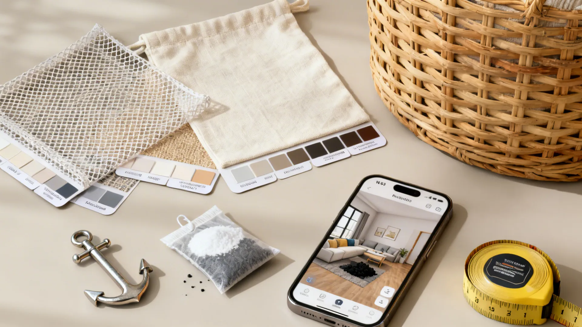 Flatlay of laundry basket materials: mesh, cotton, rattan swatches, anchors, and odor-absorbing sachets.