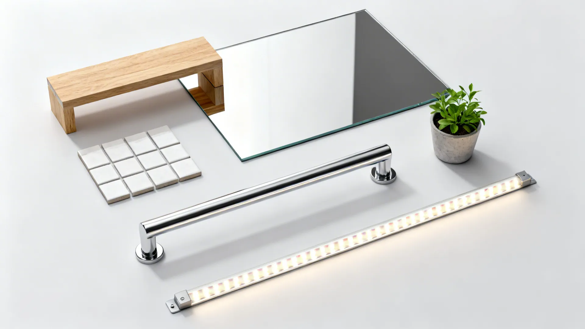 Flatlay of material samples: wood shelf, tile swatches, mirrored fragment, stainless rail and small herb pot