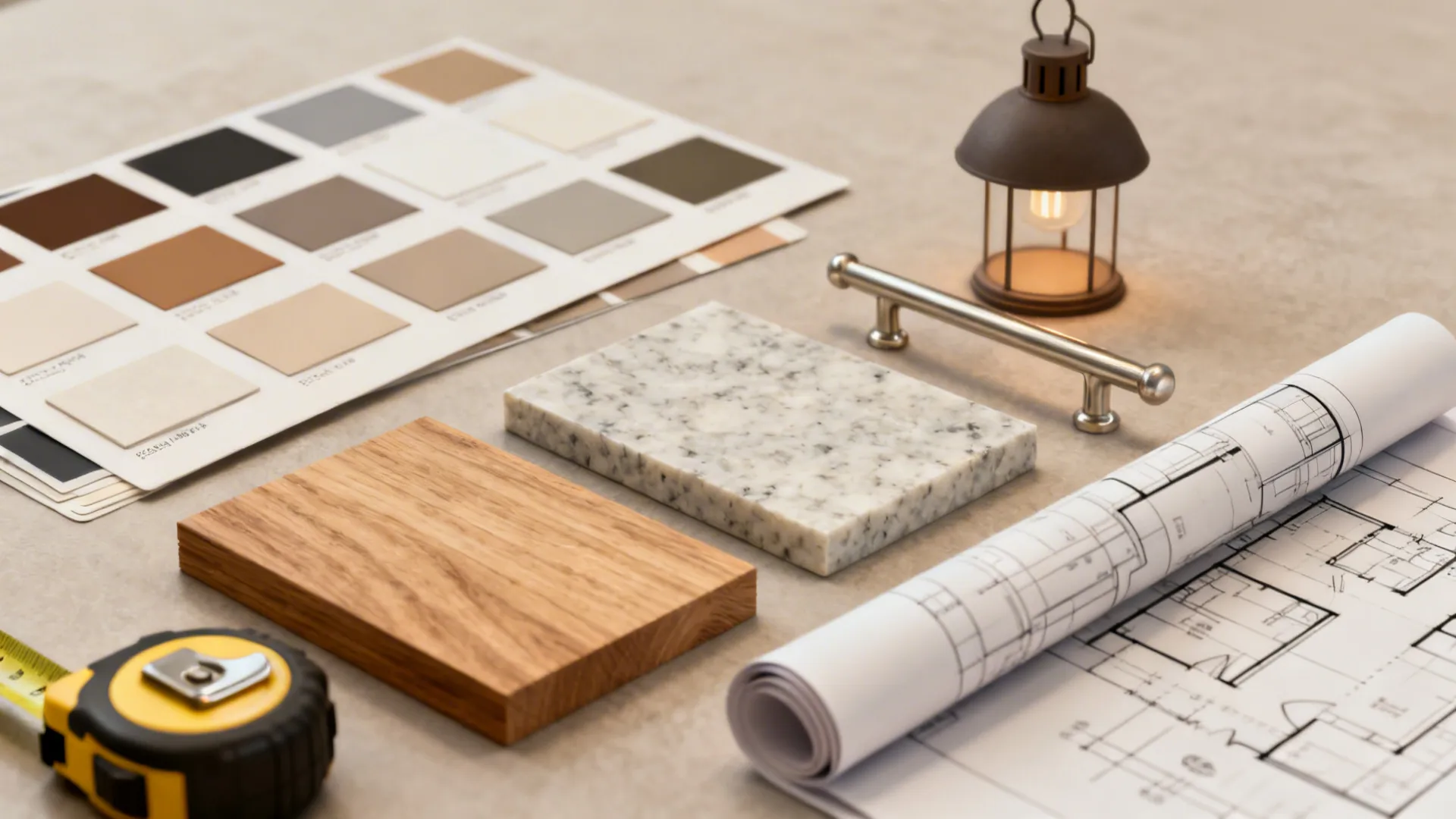 Flatlay of kitchen material samples, color swatches, hardware and a floor plan for renovation planning.