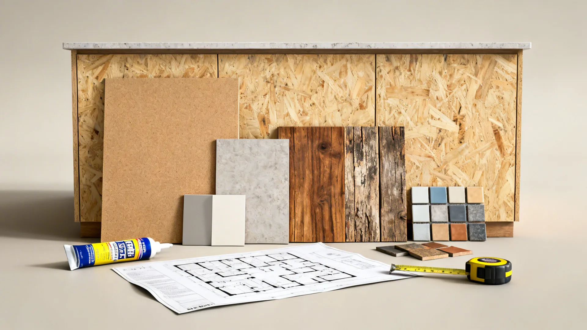 Flatlay of materials and tools for planning island back panels including wood swatches, tiles, paint chips, and tape measure