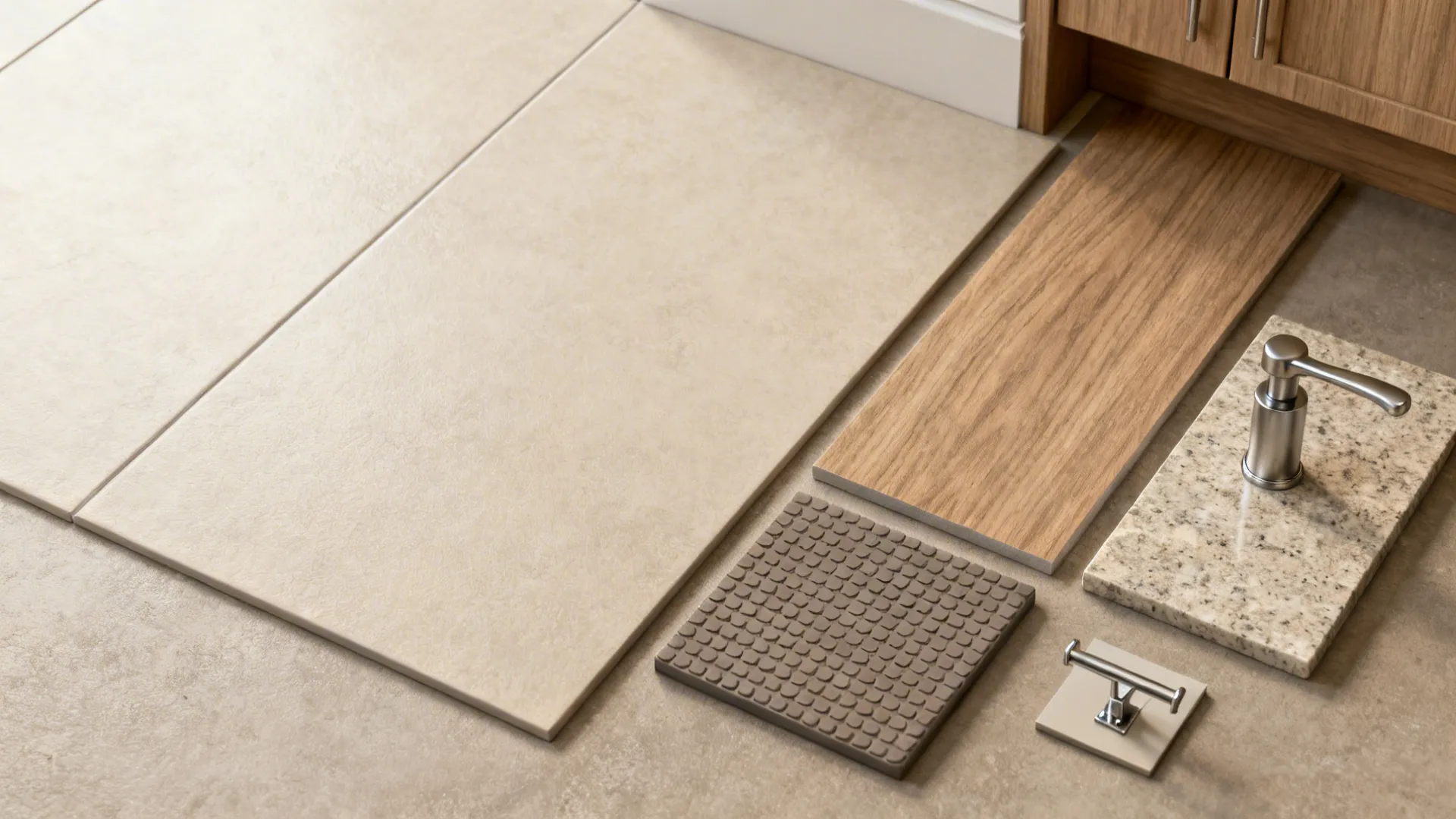 Flatlay of material samples for an accessible kitchen: non-slip tile, wood veneer, stone countertop, and hardware.