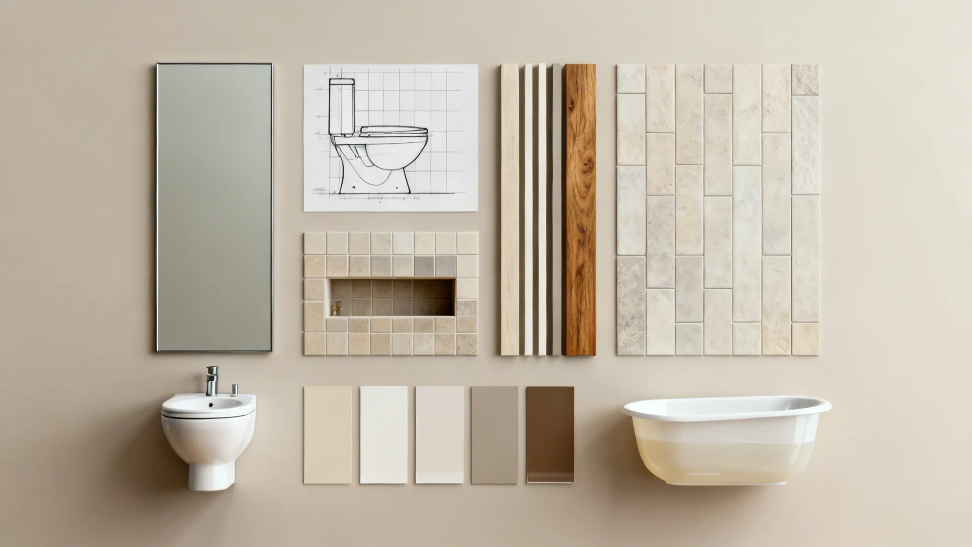 Material flatlay with tile swatches, paint chips, and tub finish samples for small bathroom planning