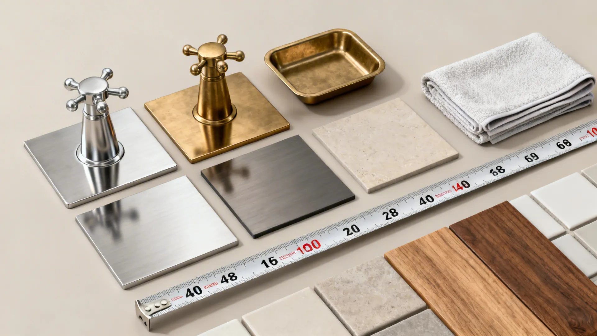 Interior design materials showing metal faucets stone tiles wood samples white towel and measuring tape