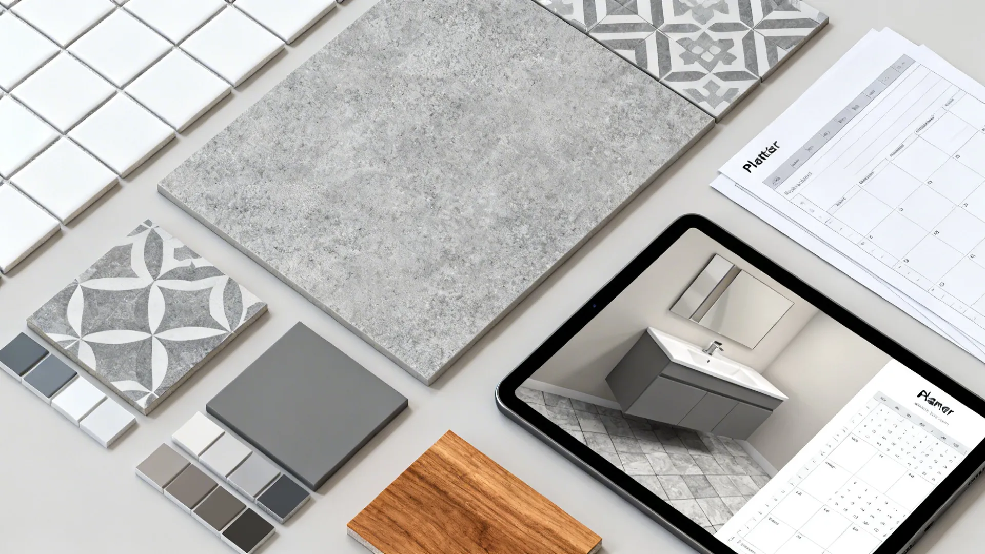 Flatlay of grey and white bathroom material samples, grout chips and a 3D planner on a tablet.