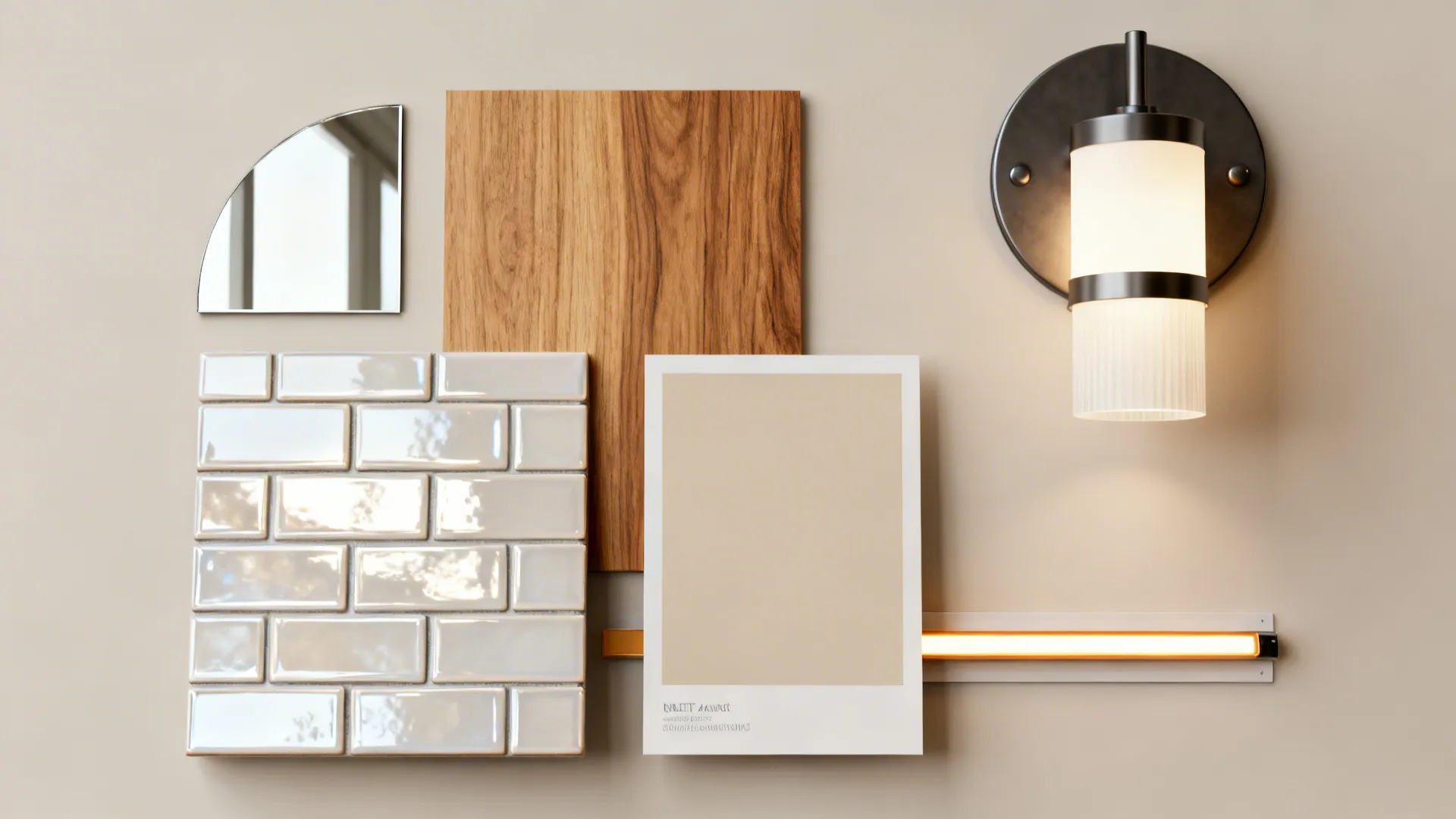 Material flatlay of glossy tiles, wood veneer, mirror and lighting samples for a small bathroom palette