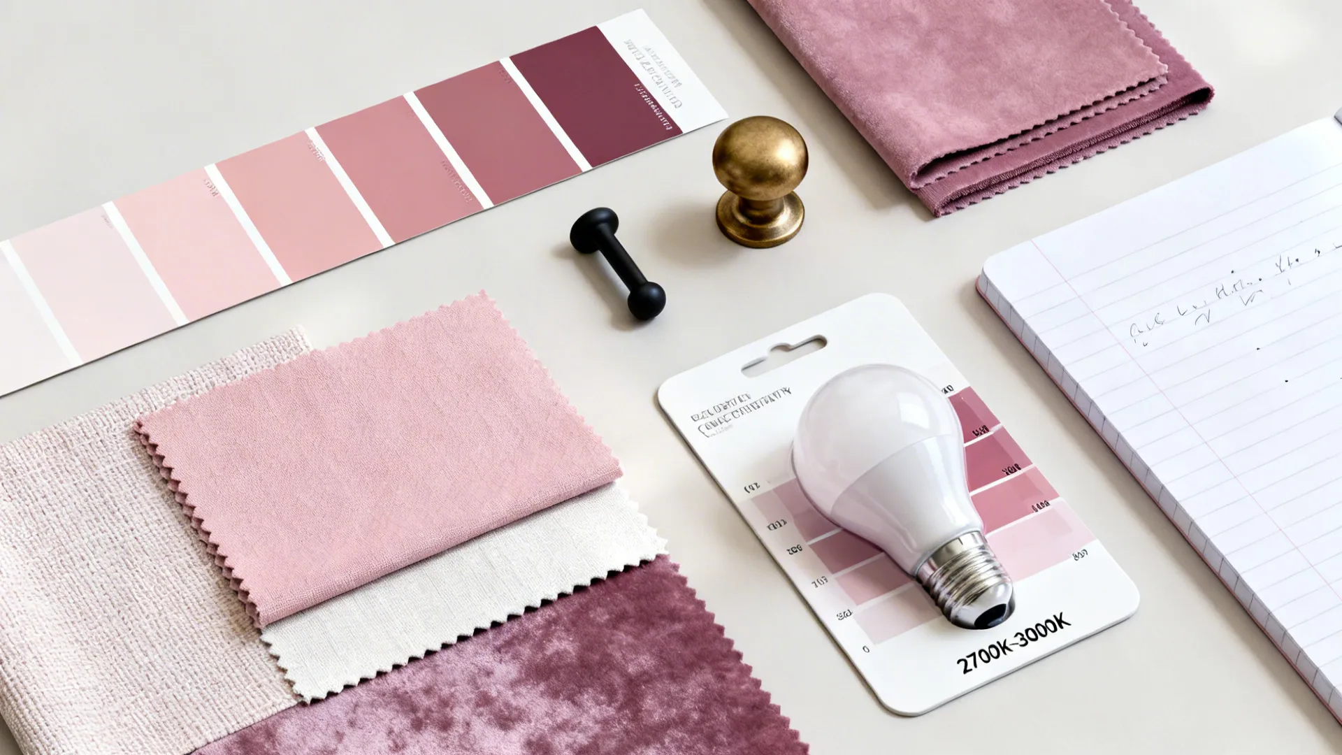 Flatlay of paint chips, fabric samples, hardware and a bulb color chart for planning pink and white bedrooms.