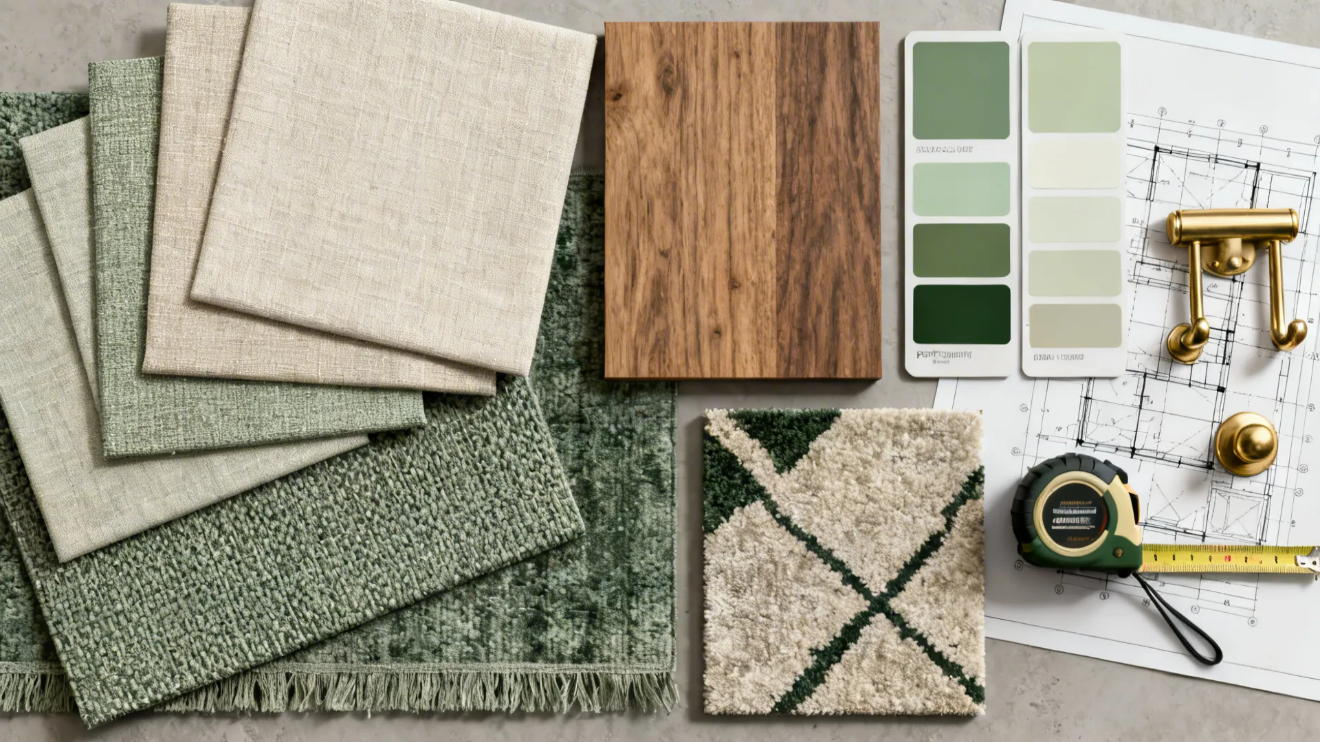 Flatlay of fabric swatches, wood samples and paint chips for bedroom sitting area planning.