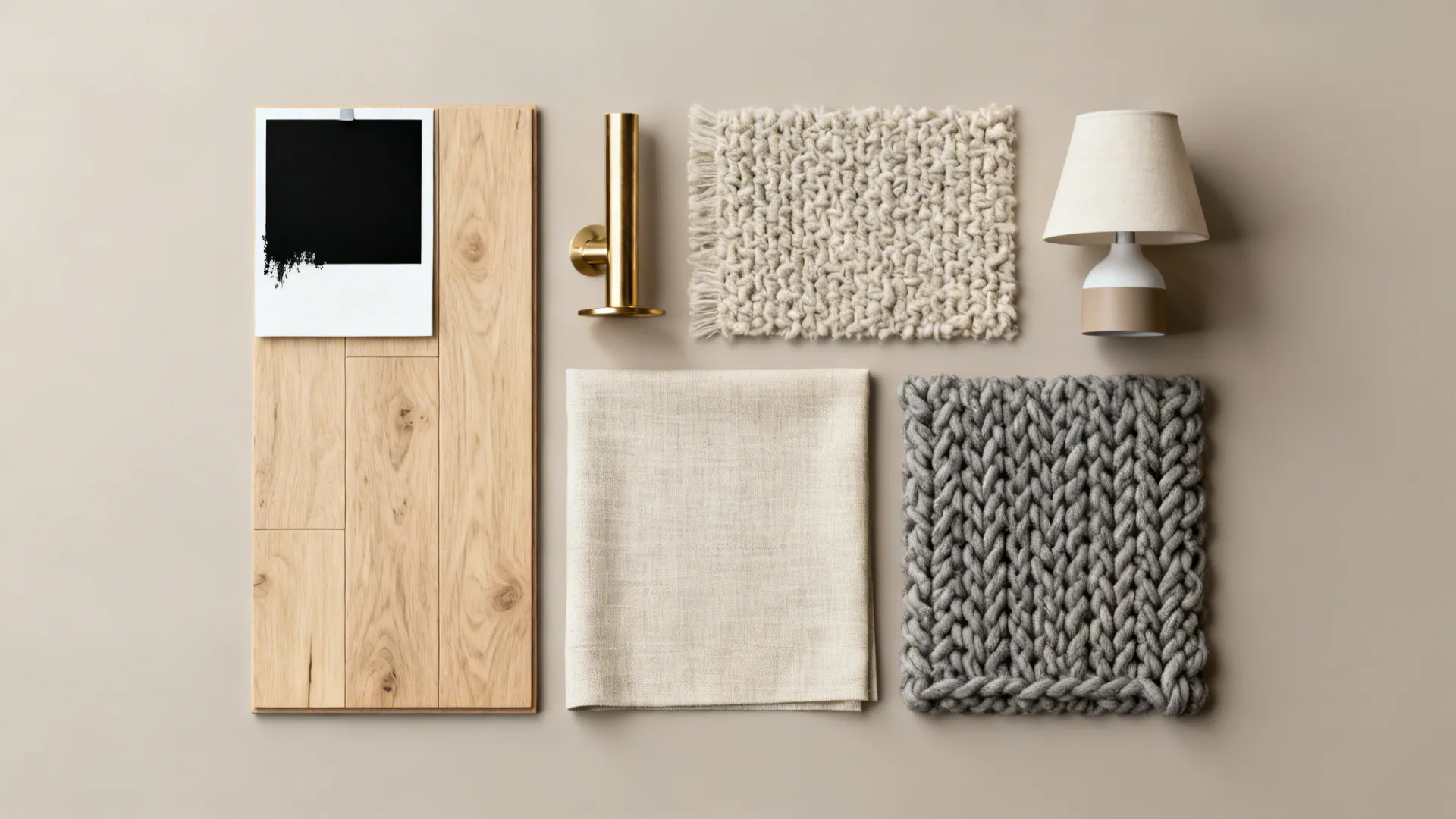 Flatlay of paint swatches, wood and textile samples for black-and-white bedroom planning