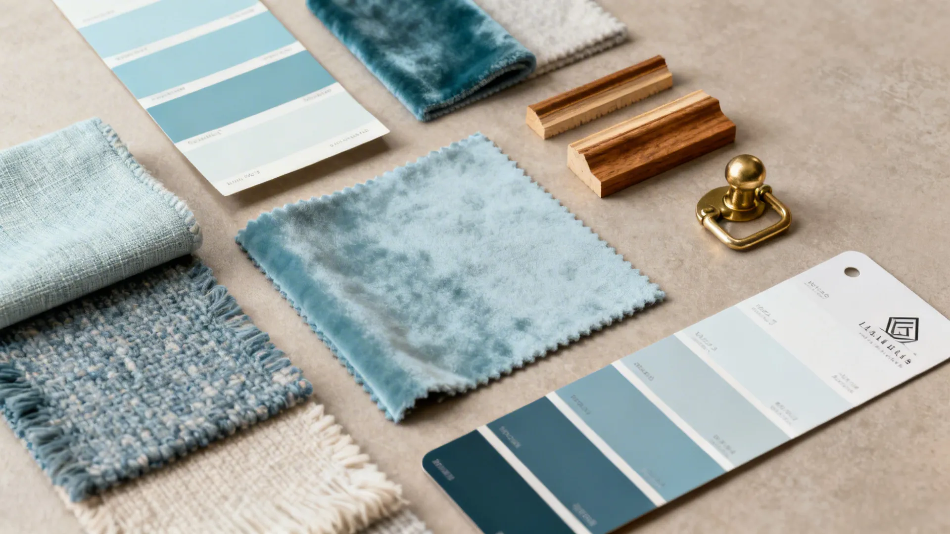 Interior design materials including blue fabric, color cards, wood trim, and a gold door handle