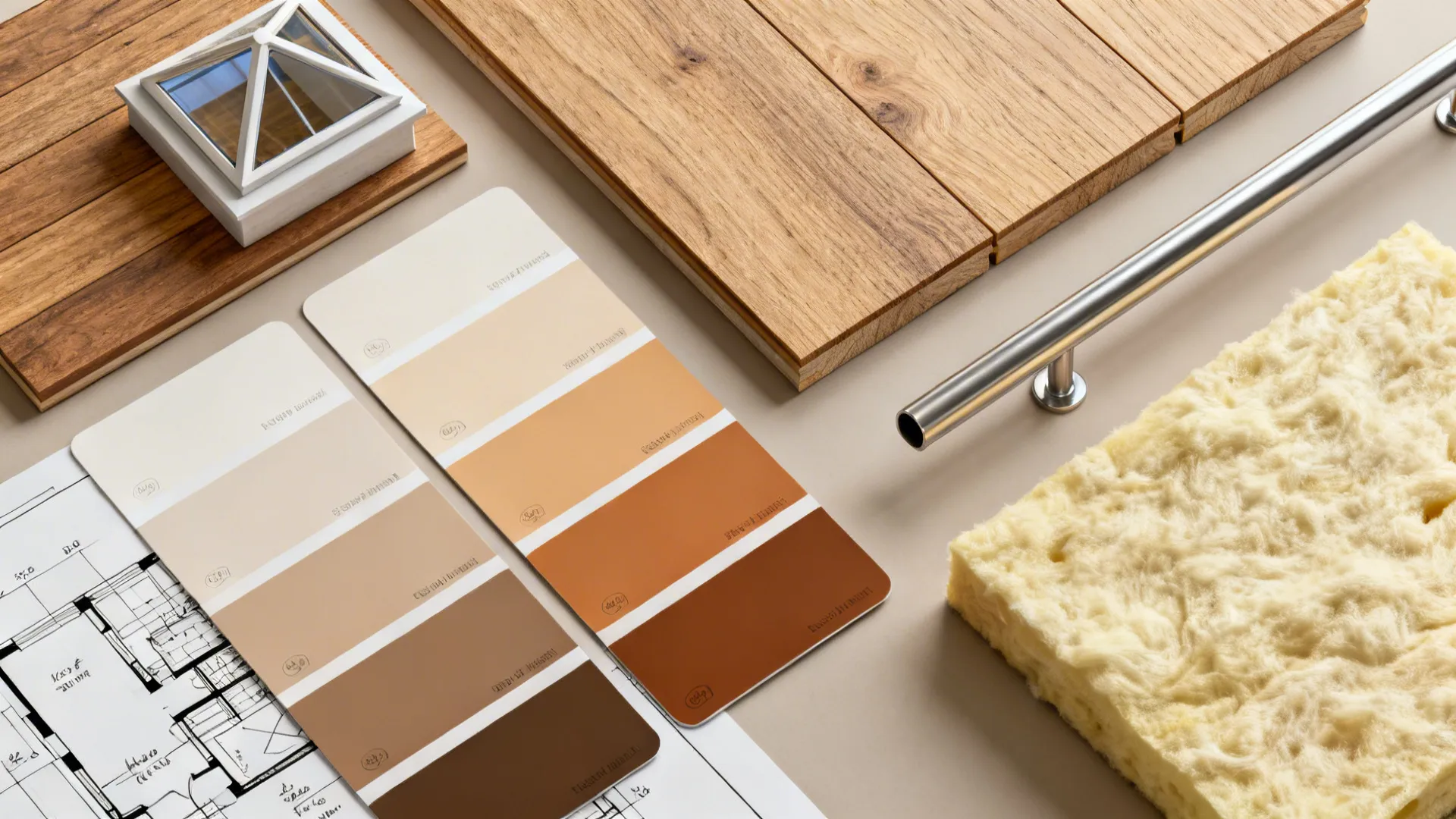 Material flatlay showing flooring, paint swatches, metal rail sample and insulation for planning split-level renovations.