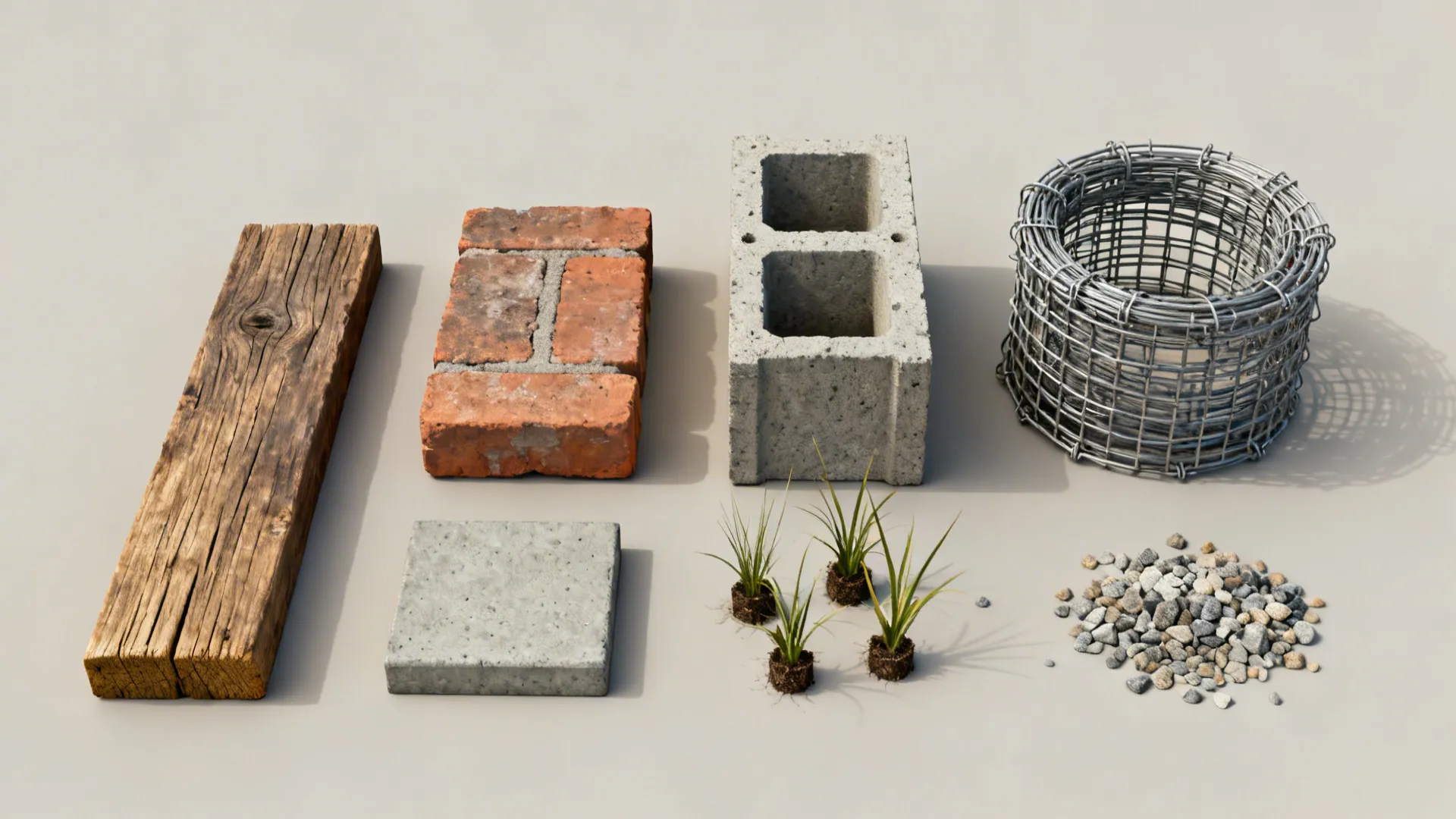 Flatlay of reclaimed bricks, timber sample, modular block, gabion wire and gravel for retaining walls.