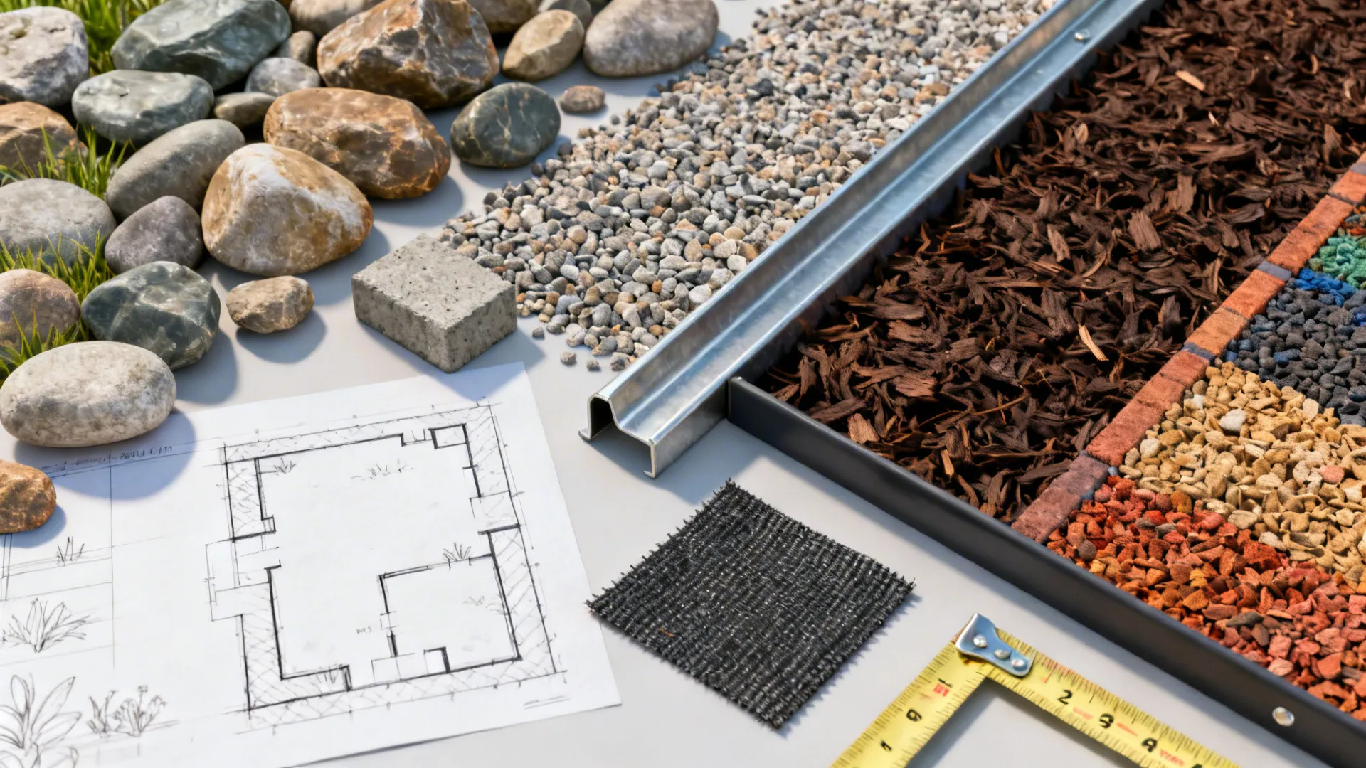 Landscape materials including rocks gravel wood chips house floor plan and a yellow measuring tape