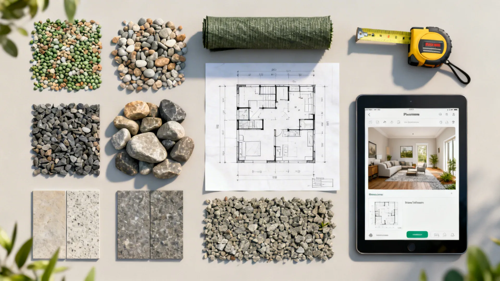 Flatlay of gravel samples, landscape fabric, measuring tape and a sketch plan for a rock landscaping project.