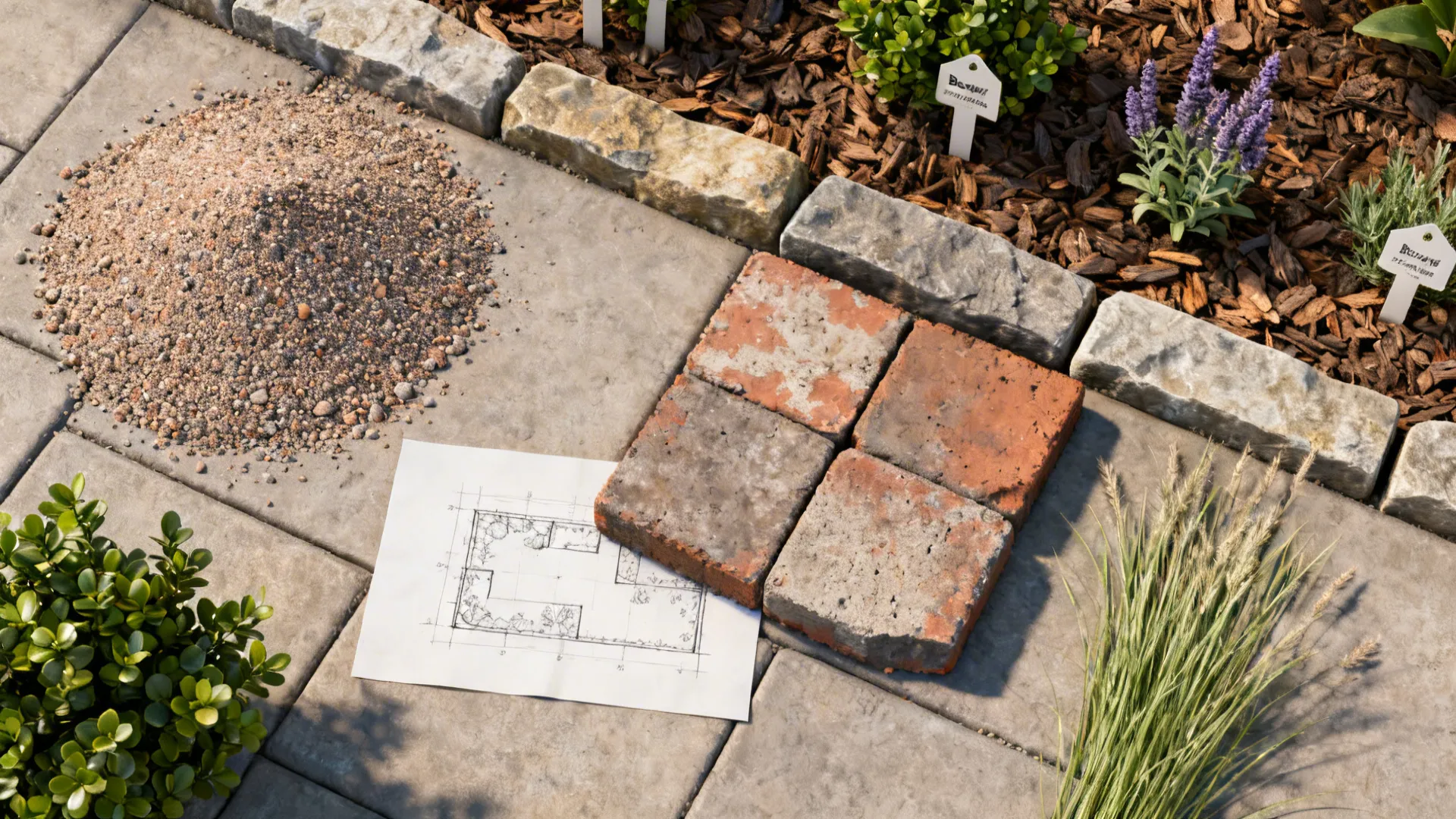 Flatlay of materials and plant samples for a ranch front-yard plan.