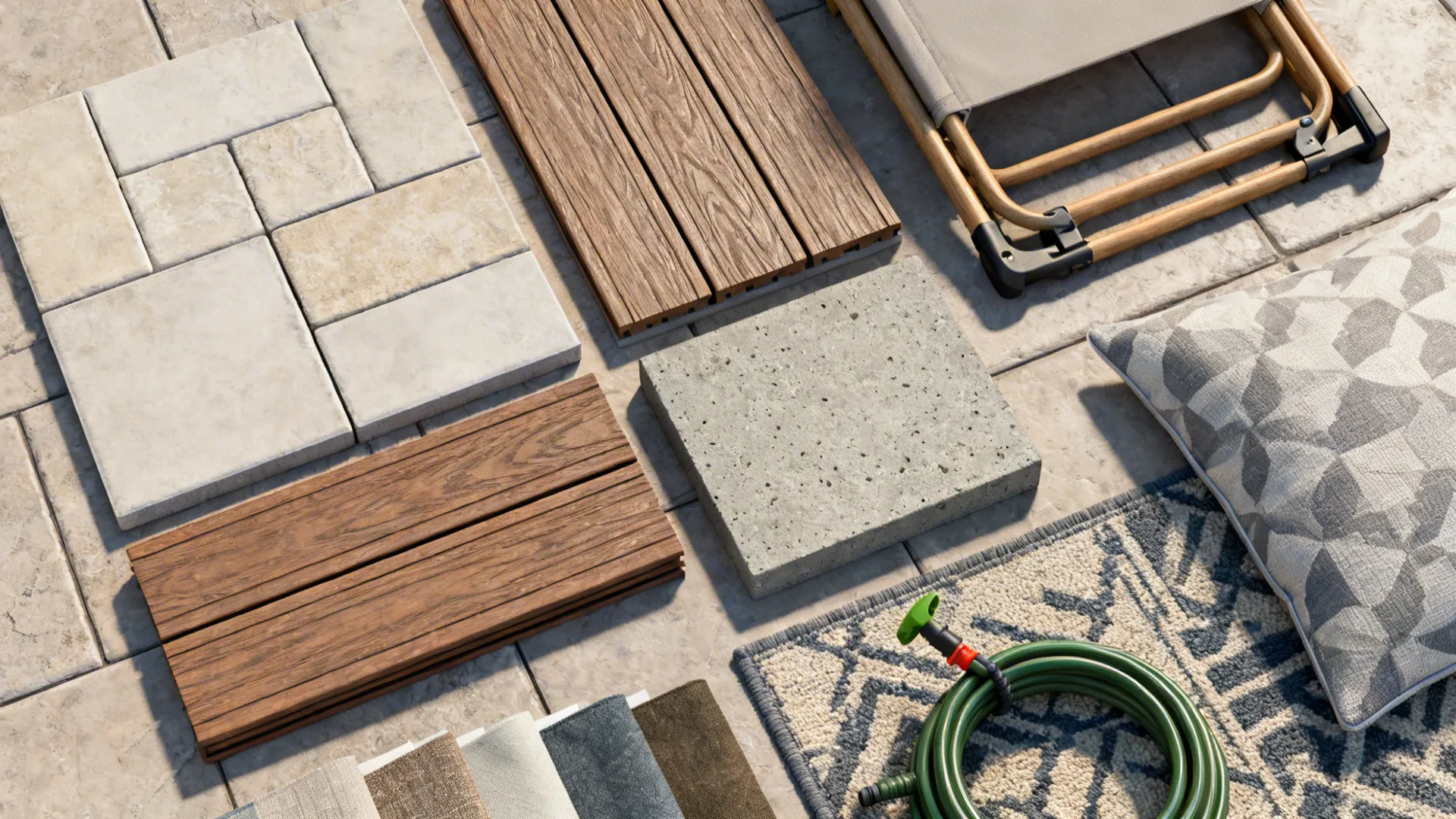 Top-down flatlay of patio material samples and tools for planning a small patio makeover
