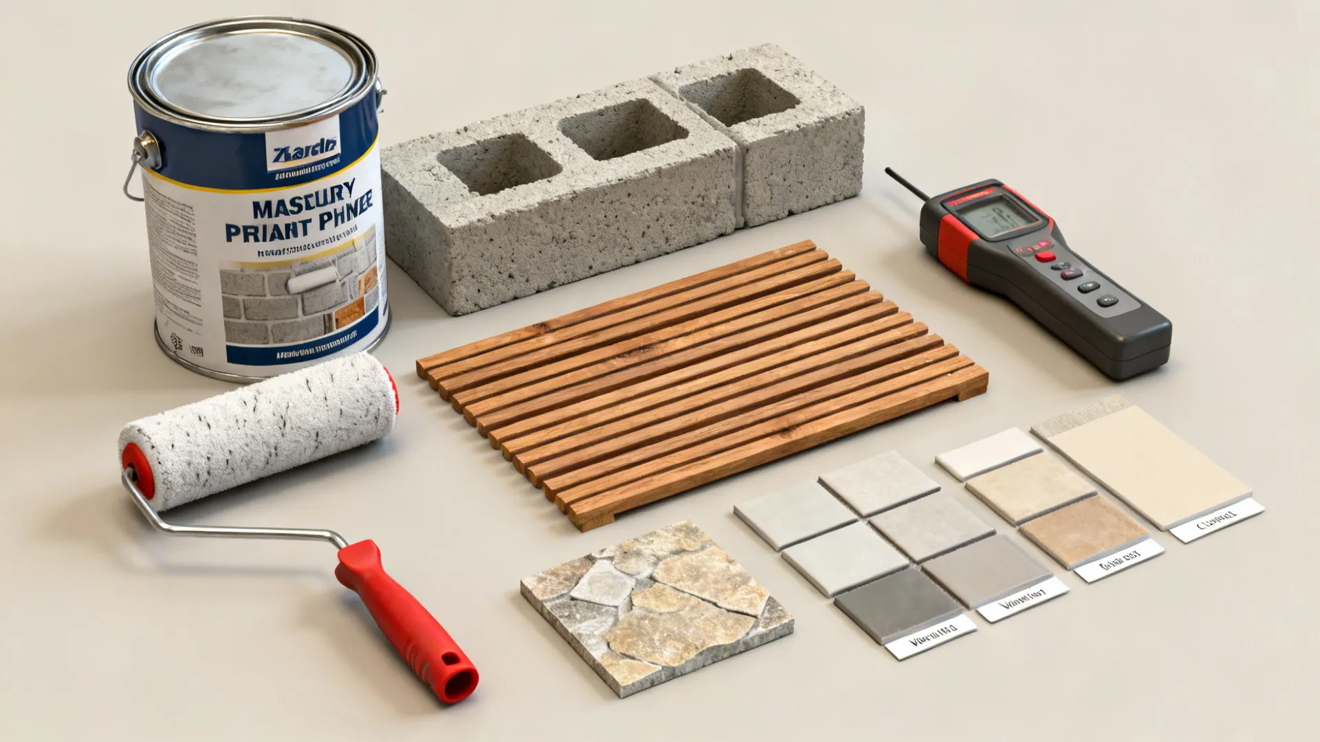 Flatlay of masonry primer, tools, moisture meter and material samples for finishing block walls.