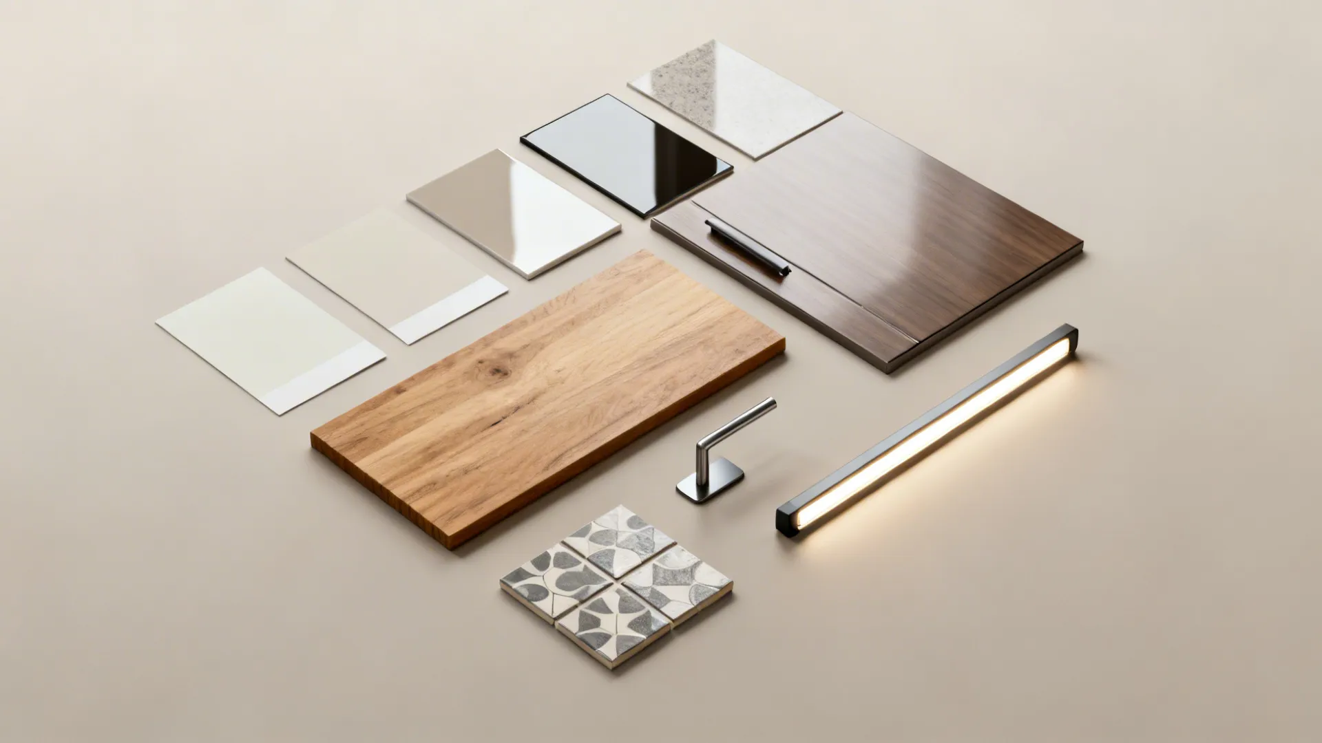 Flatlay of kitchen material samples including glossy cabinet finishes, wood countertop and tile samples