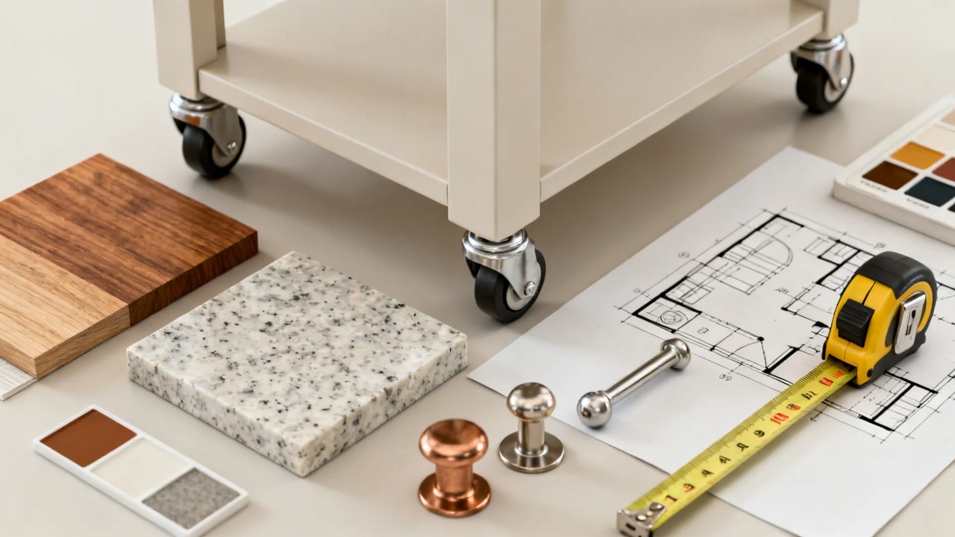 Flat-lay of material samples and tools for planning a small kitchen island.