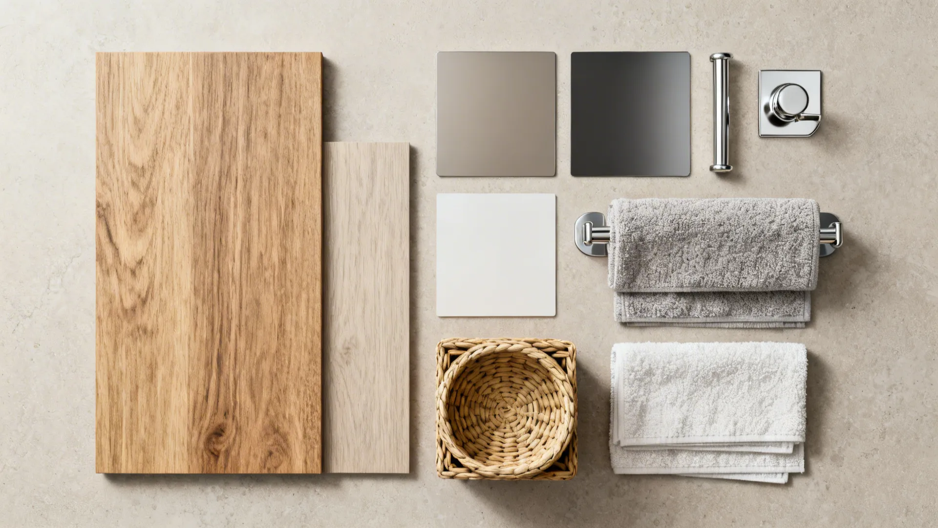 Flatlay of material swatches and accessories for towel storage solutions
