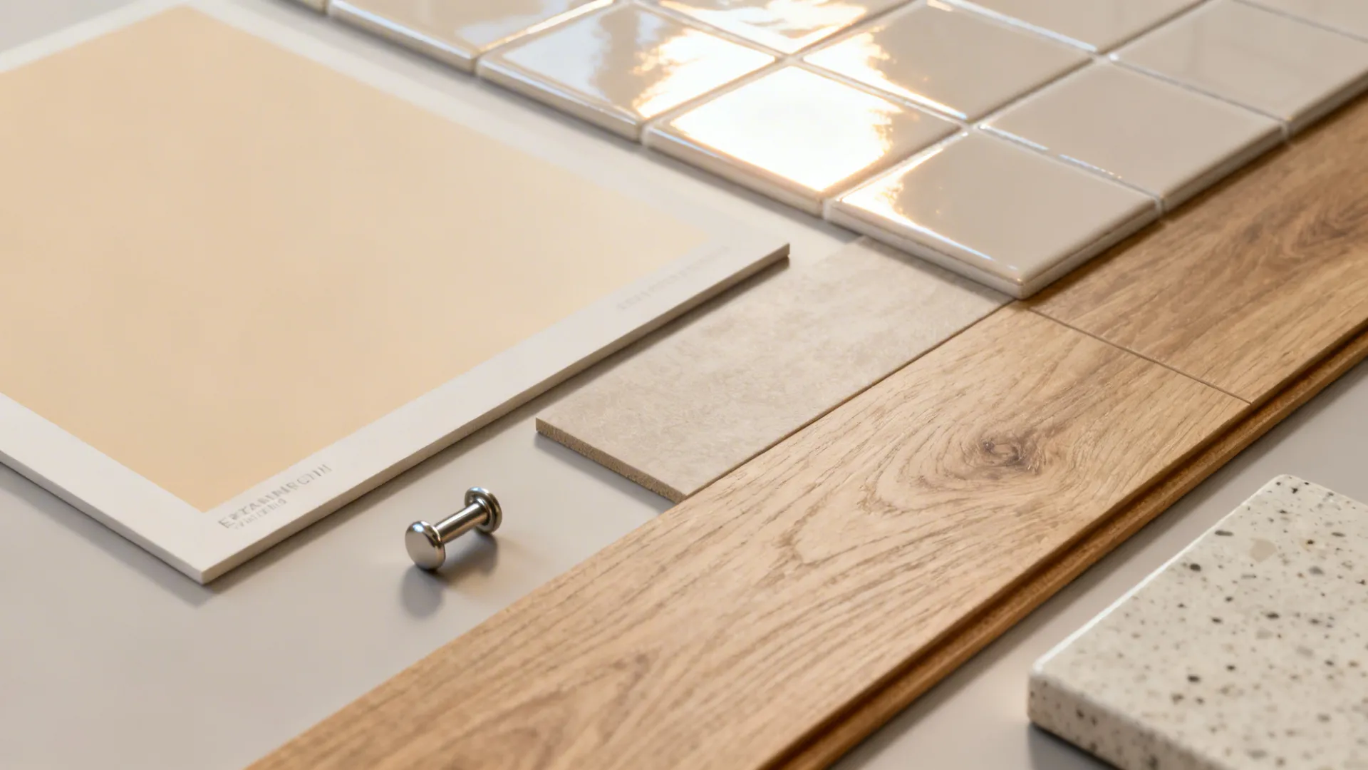 Material flatlay showing light paint, glossy backsplash tile, and continuous flooring for visual continuity.