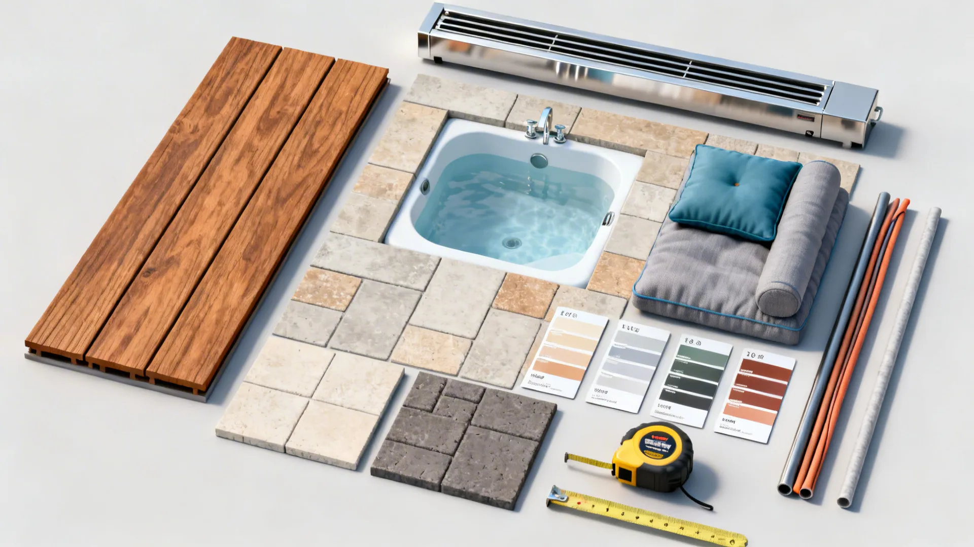 Flatlay of decking, paver, fabric swatches and planning tools for a small patio hot tub project.