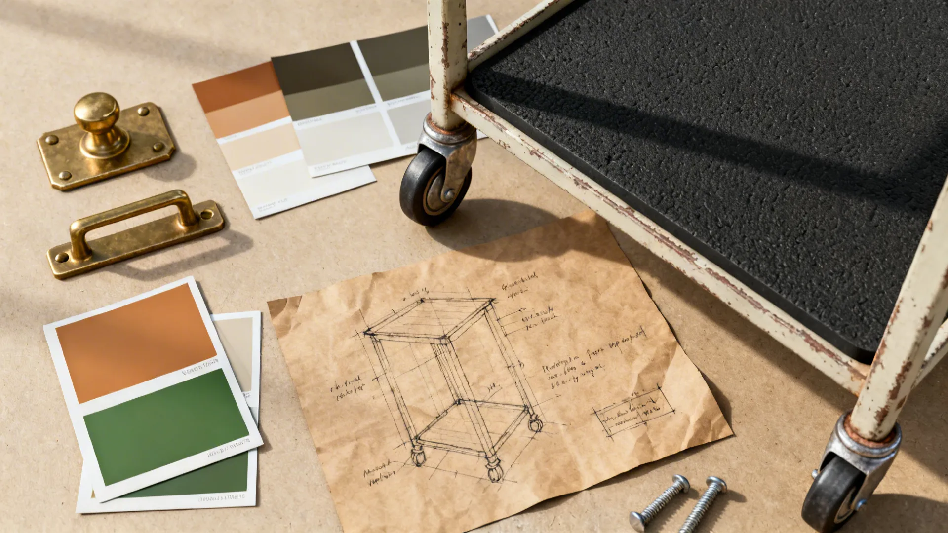 Flatlay of paint swatches, hardware, rubber liners, caster wheels and a sketch for DIY bar projects.