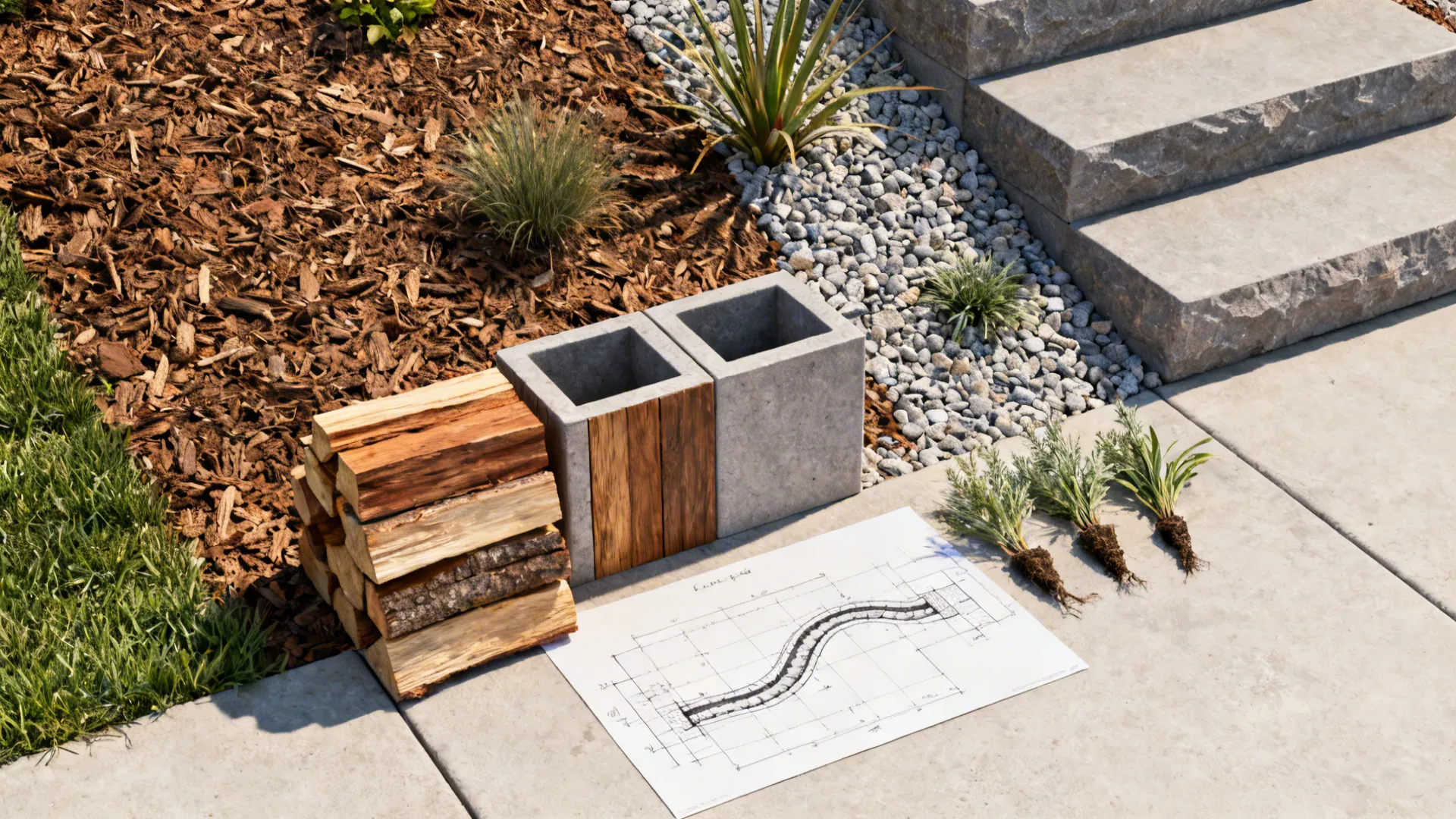 Flatlay of mulch, gravel, timber sample, stone step and native plant samples for slope design.