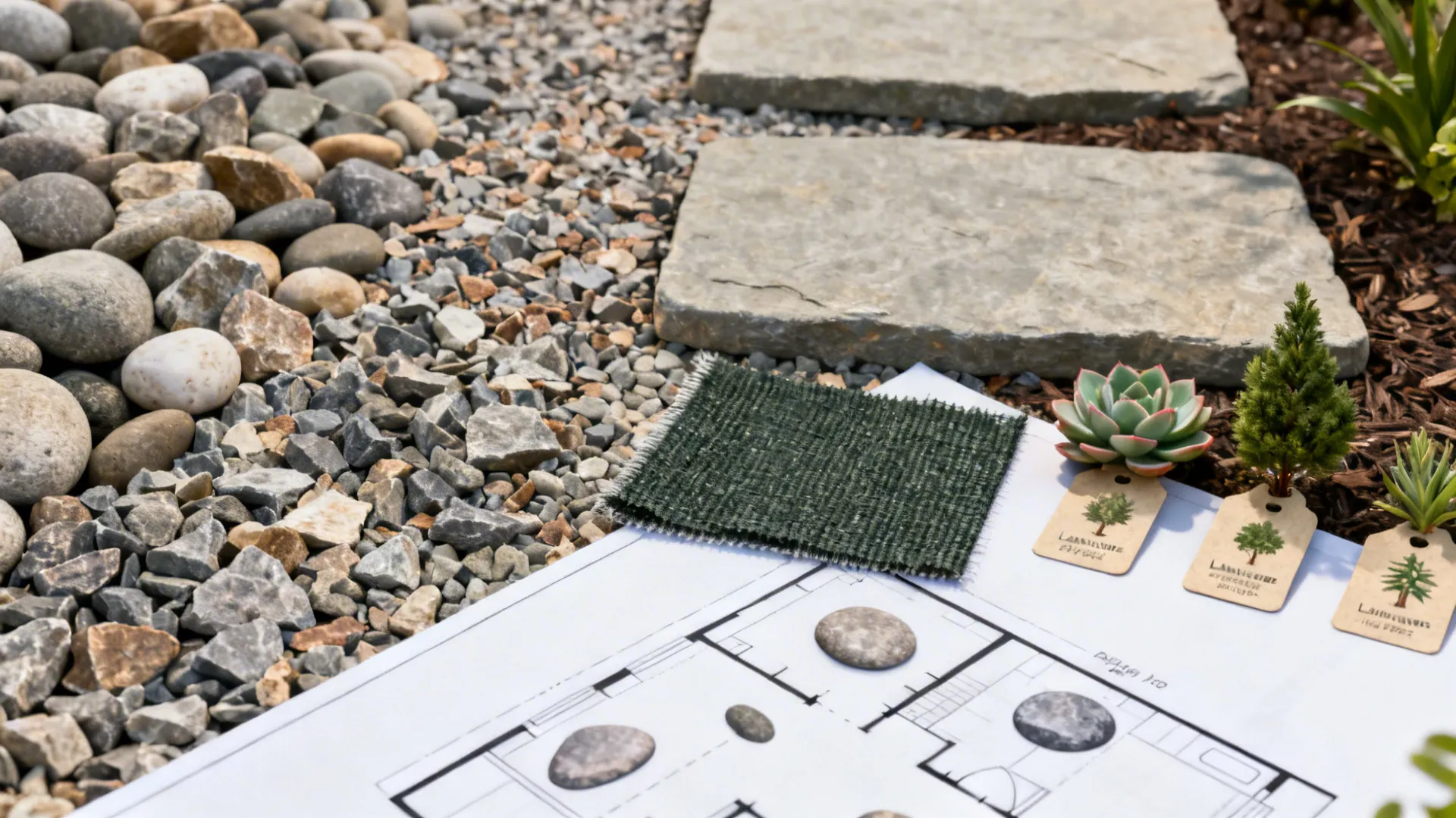 Flatlay of rock samples, stepping stones, landscape fabric and a small layout sketch.