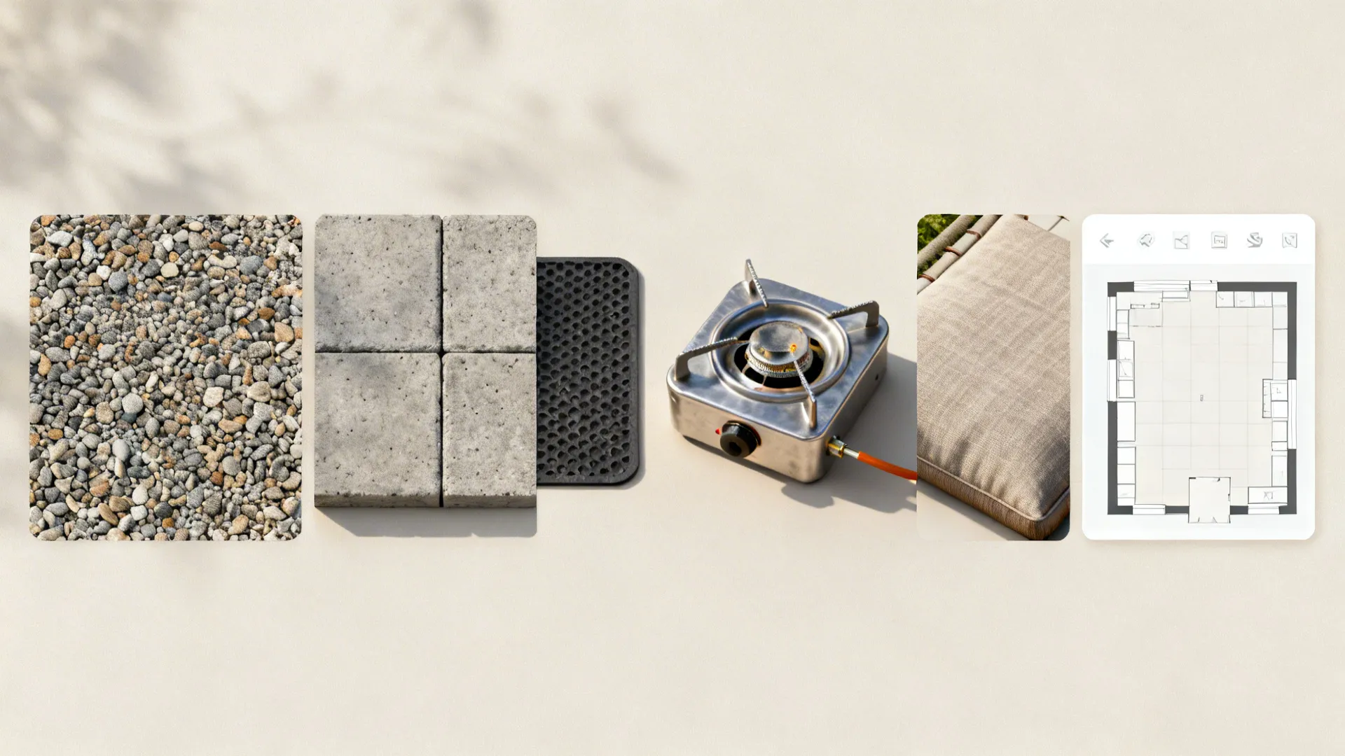 Flatlay of budget patio materials: gravel, pavers, heat pad, propane burner, and fabric swatches.
