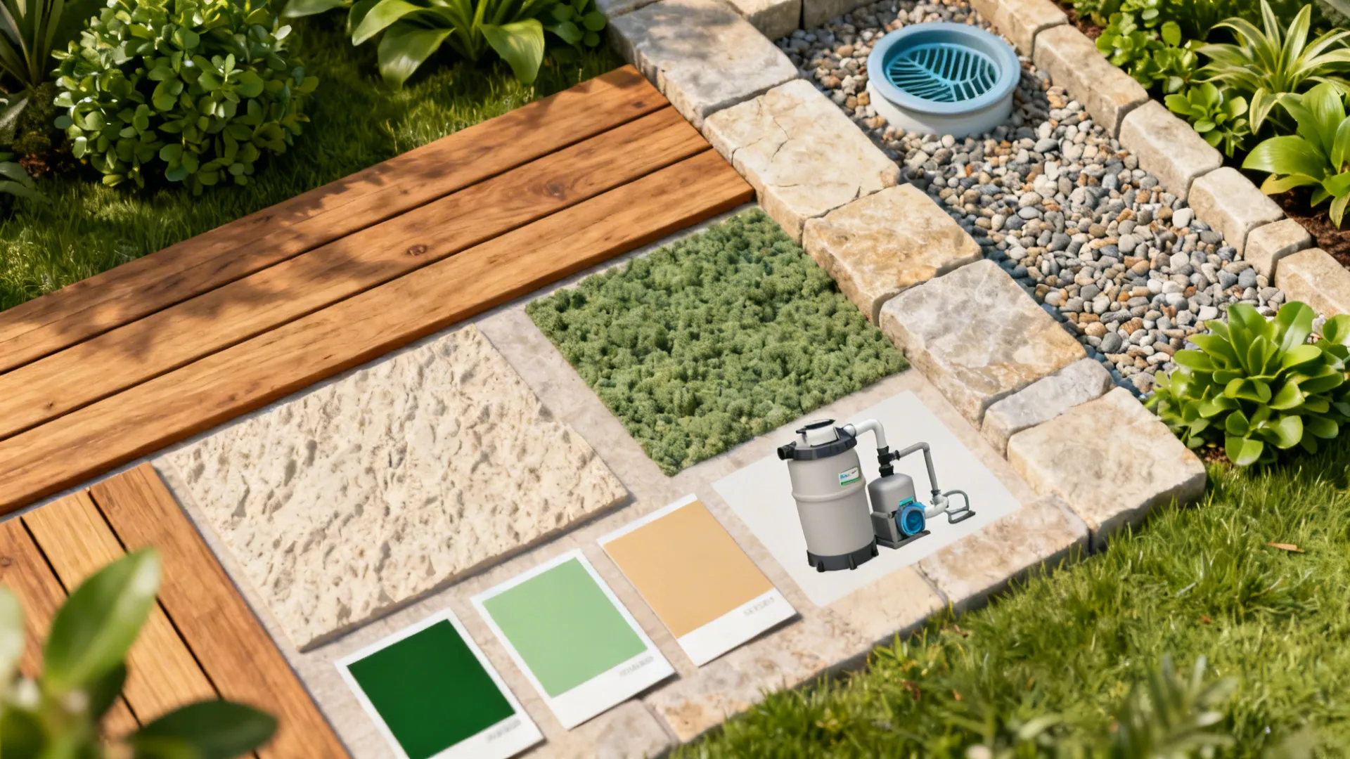 Flatlay of decking, stone, planting swatches and pool equipment for small backyard designs.
