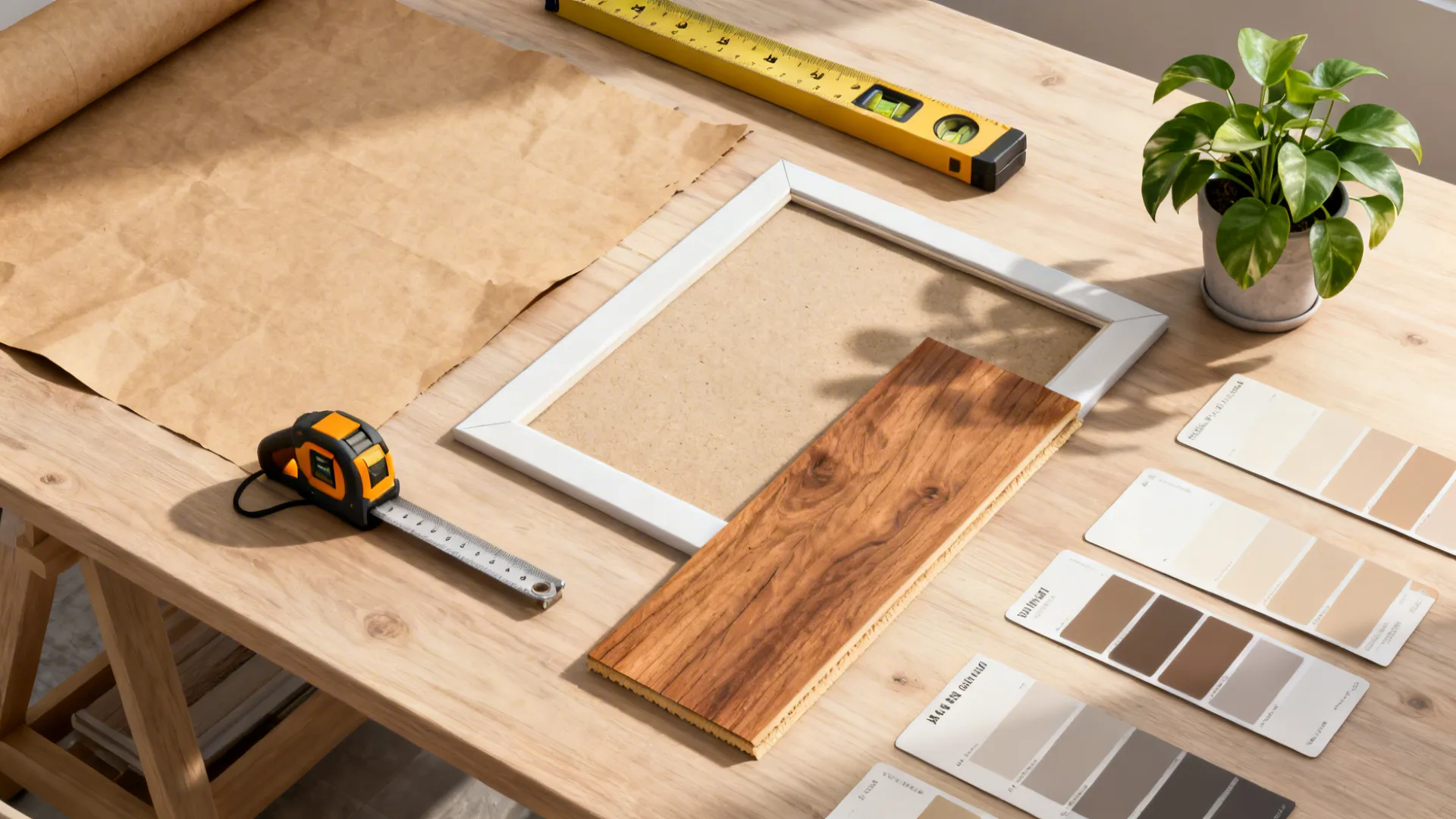 Flatlay of kraft paper mockups, measuring tape, frame mats and material samples for wall planning