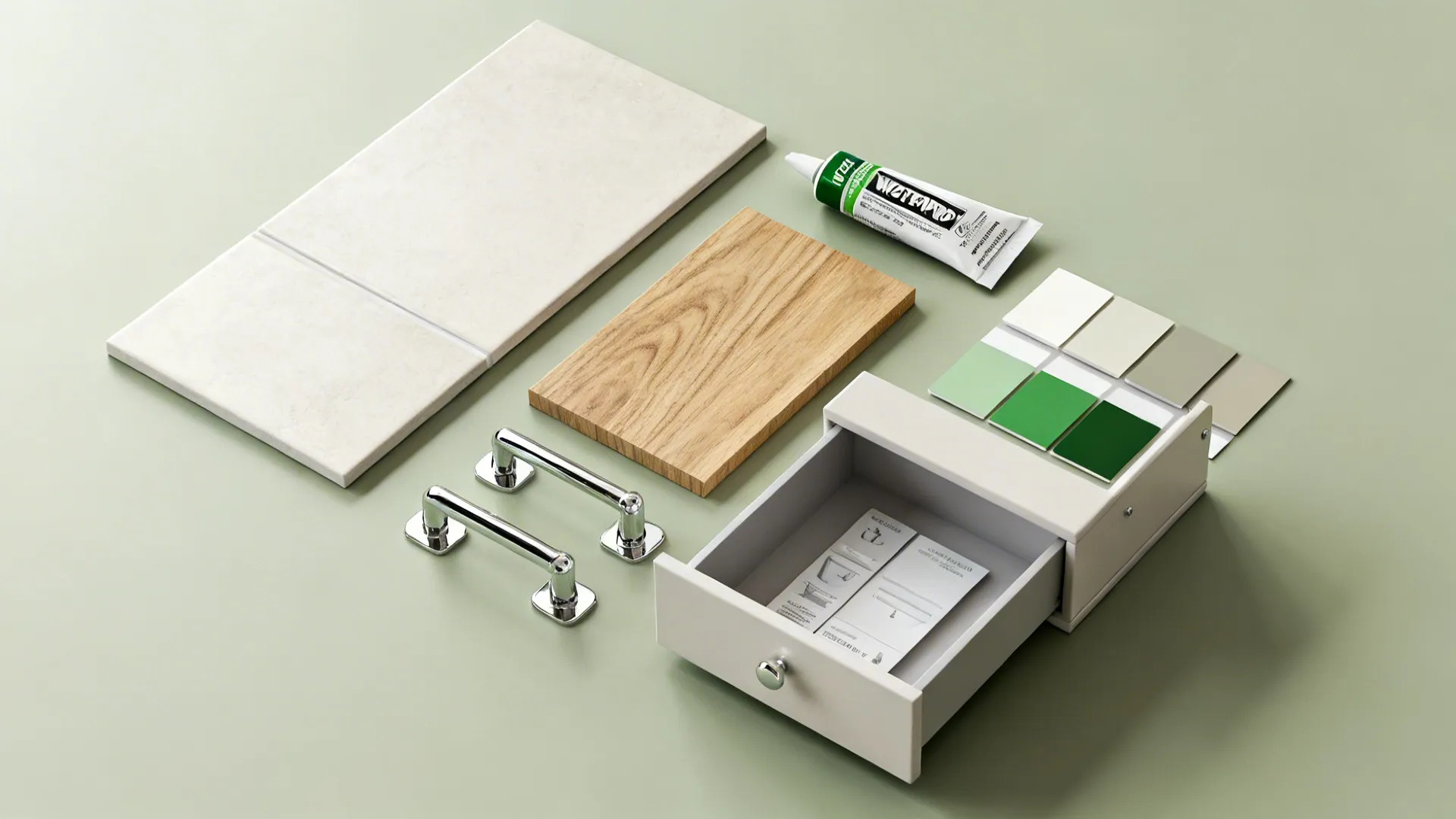Interior design drawing showing a tile wood board metal handles paint samples and small drawer