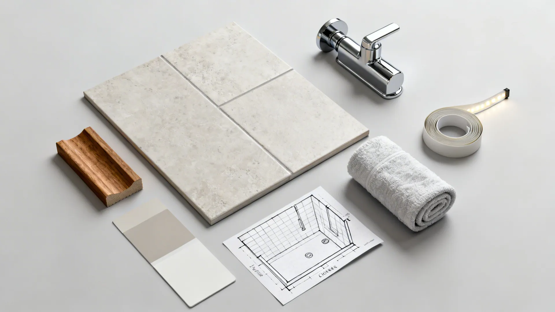 Flatlay of tile, wood, paint swatches, fixtures and a small bathroom layout sketch.