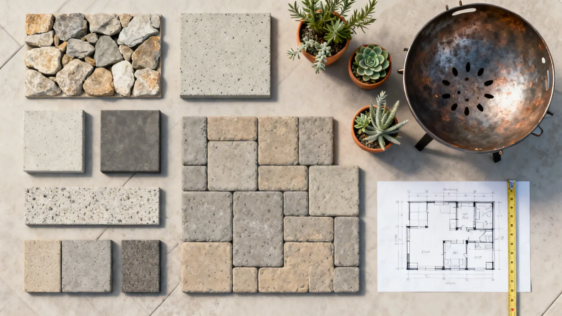 Stone tiles bricks small plants metal fire bowl interior design drawing and yellow measuring tape