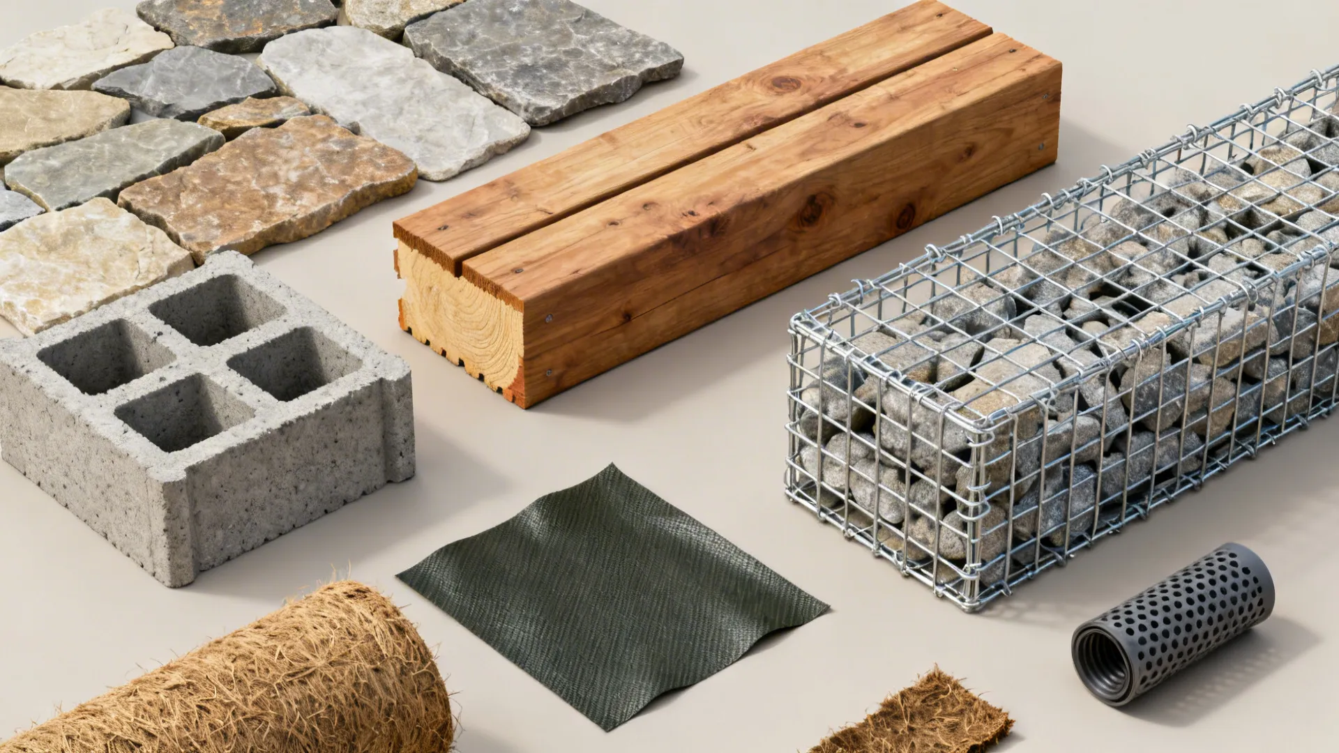 Flatlay of retaining wall materials: stone, concrete block, timber, gabion mesh, coir, geotextile, and drain pipe