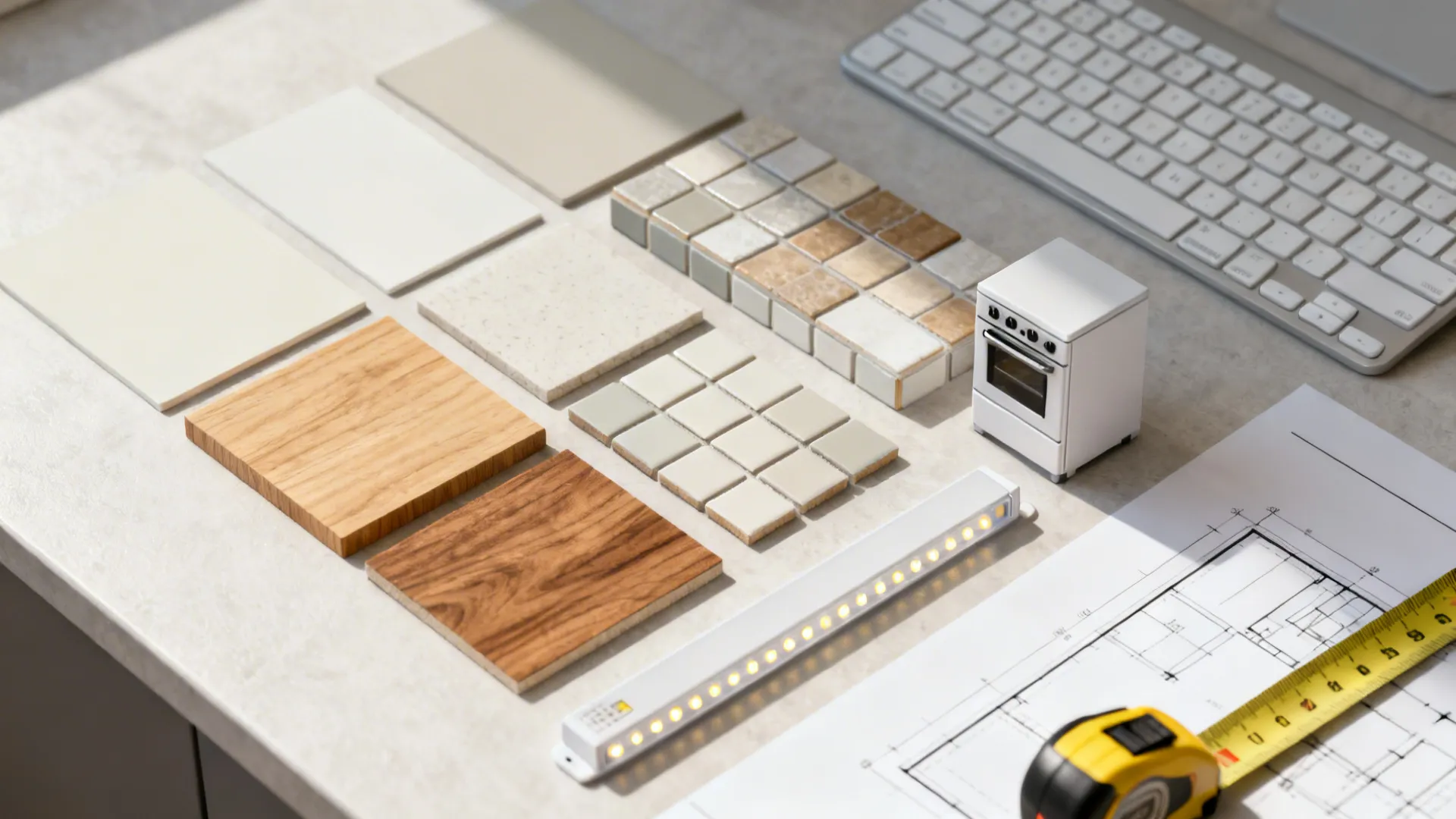 Top-down flatlay of paint swatches, wood samples, tile backsplash pieces and LED strip for a small kitchen remodel