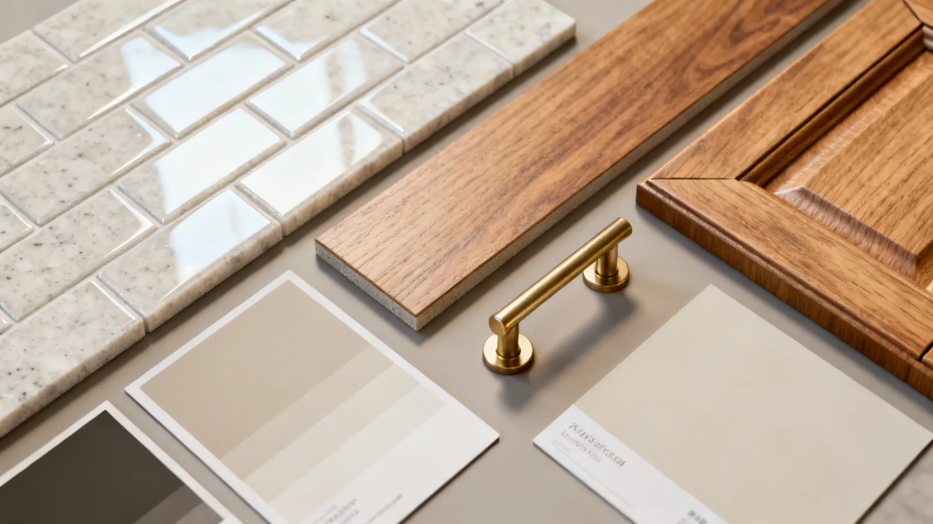 Flatlay of kitchen finish samples including quartz backsplash, wood veneer, hardware and paint swatches