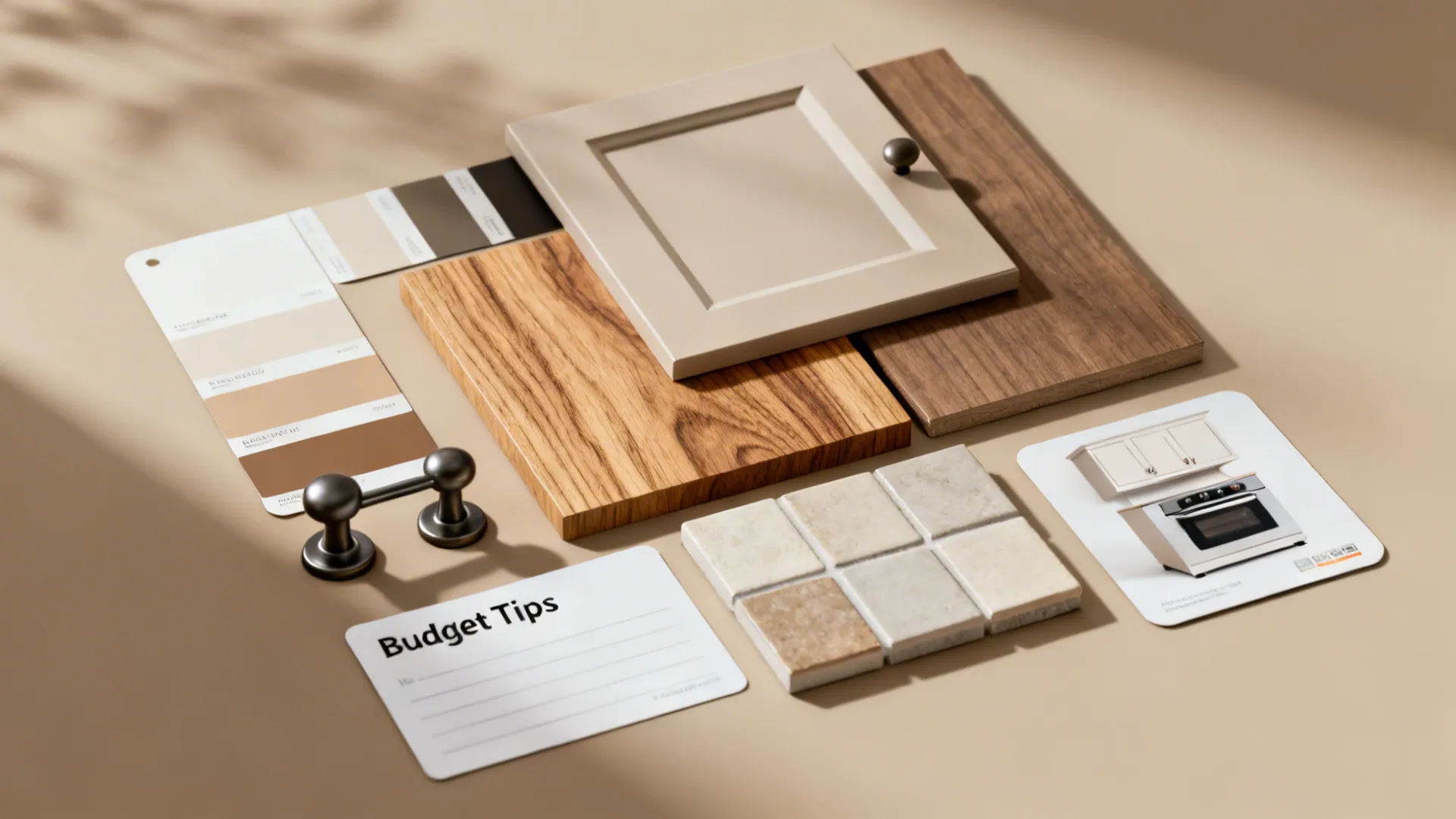 Flatlay of material samples and color swatches for a small kitchen remodel