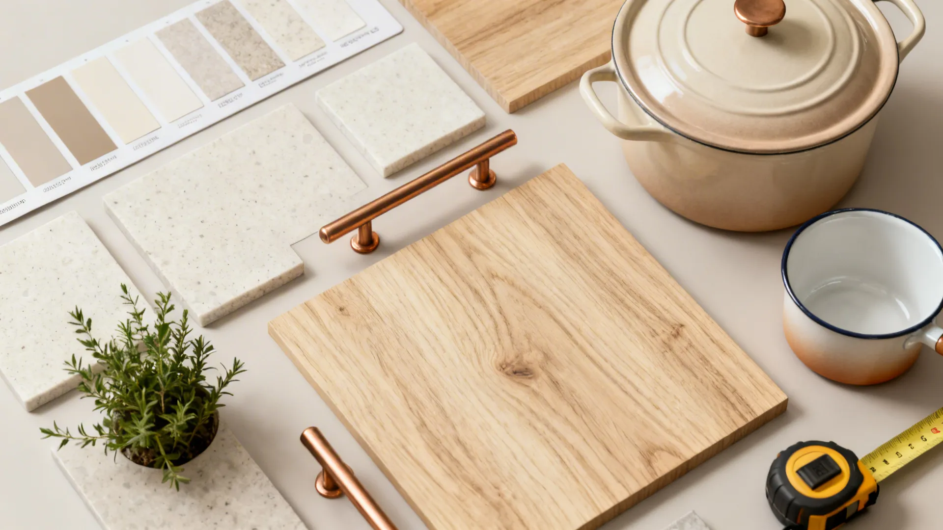 Material swatches and samples for a small kitchen: quartz, wood veneer, hardware and enamel pot sample.