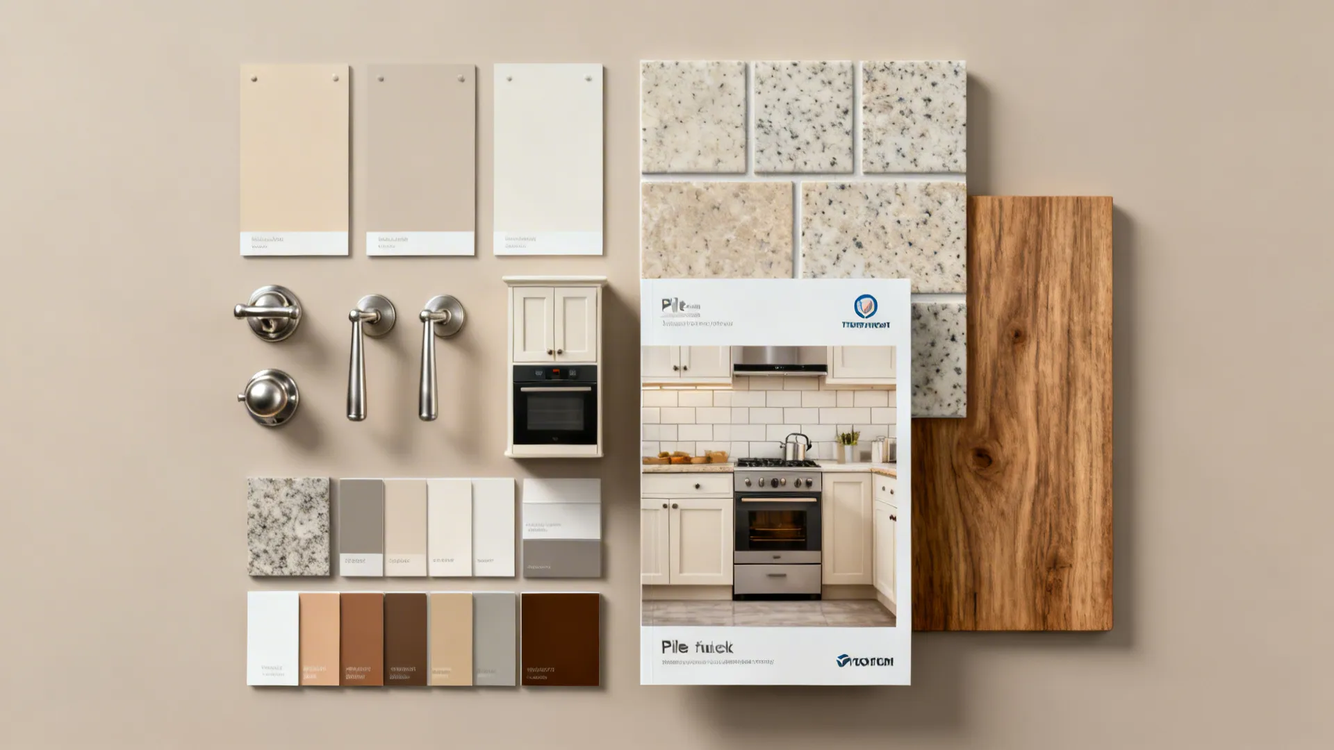 Flatlay of material samples for a small kitchen: swatches, hardware, tile and appliance samples.