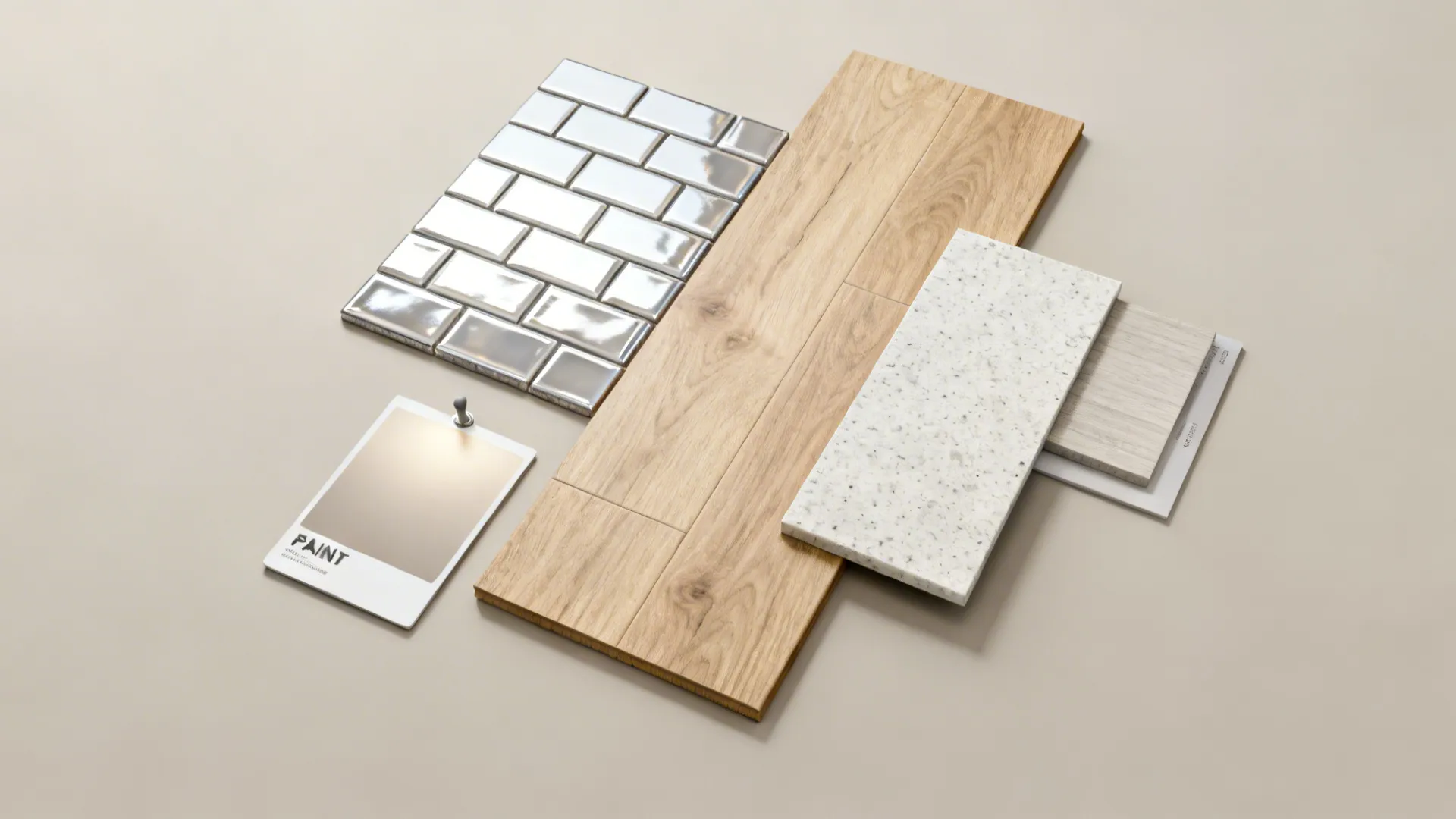 Material flatlay of light paint, reflective subway tile, and oak flooring samples for a cohesive small kitchen palette