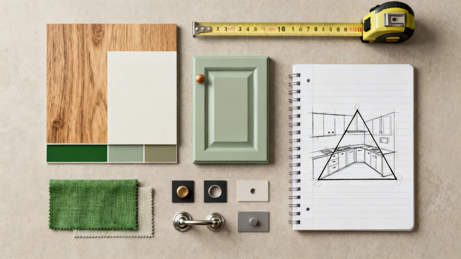 Flatlay of cabinet swatches, hardware samples and a sketch for planning a small kitchen