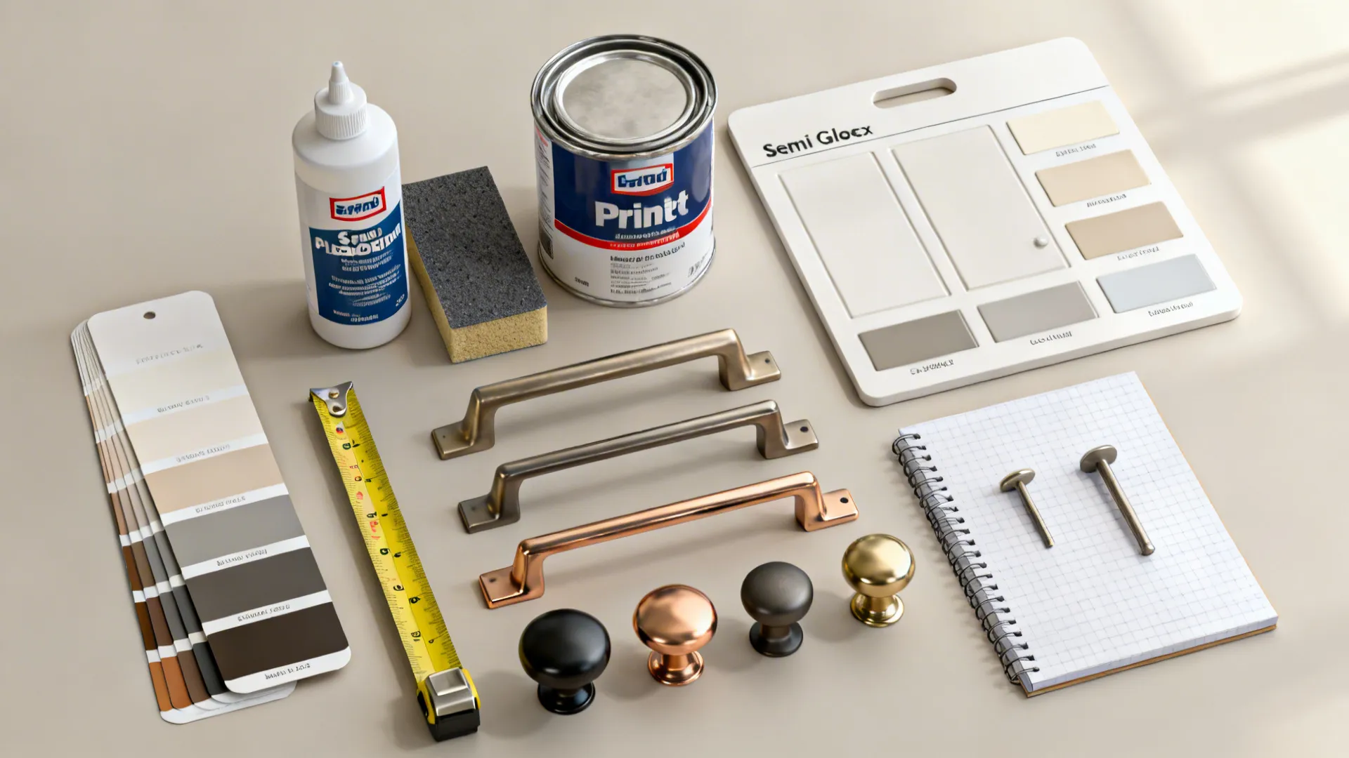 Flatlay of paint swatches, hardware samples, sandpaper, and primer for cabinet painting planning.